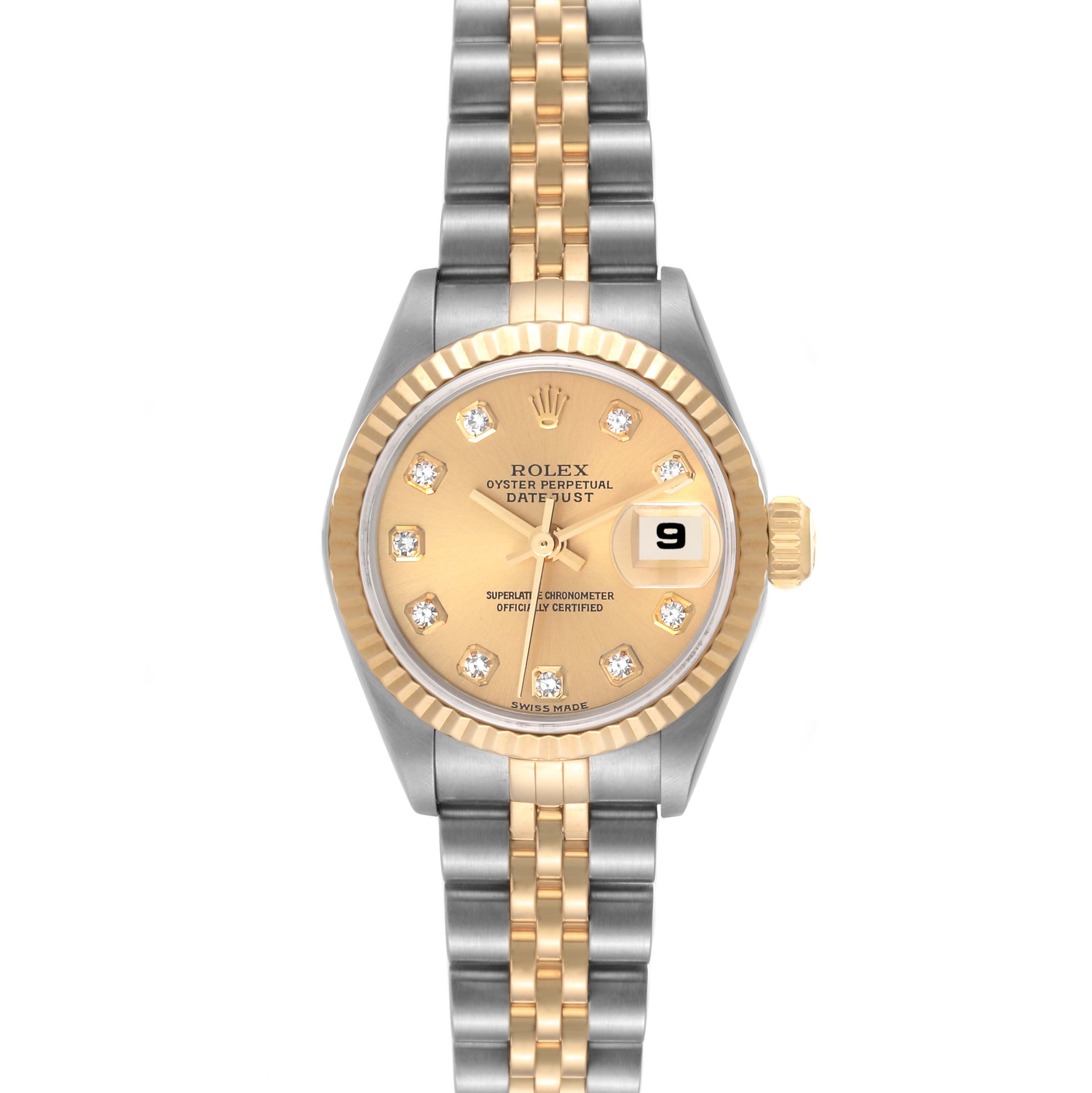 The Rolex Datejust 79173 Women's Steel and Gold (two tone) Champagne Dial 79173 Women's Steel and Gold (two tone) Champagne Dial watch is shown from the front, displaying the dial, bezel, and two-tone bracelet.