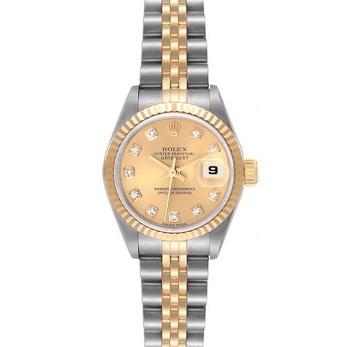 This Rolex Datejust watch is shown from the front displaying its face, bezel, and the two-tone bracelet.