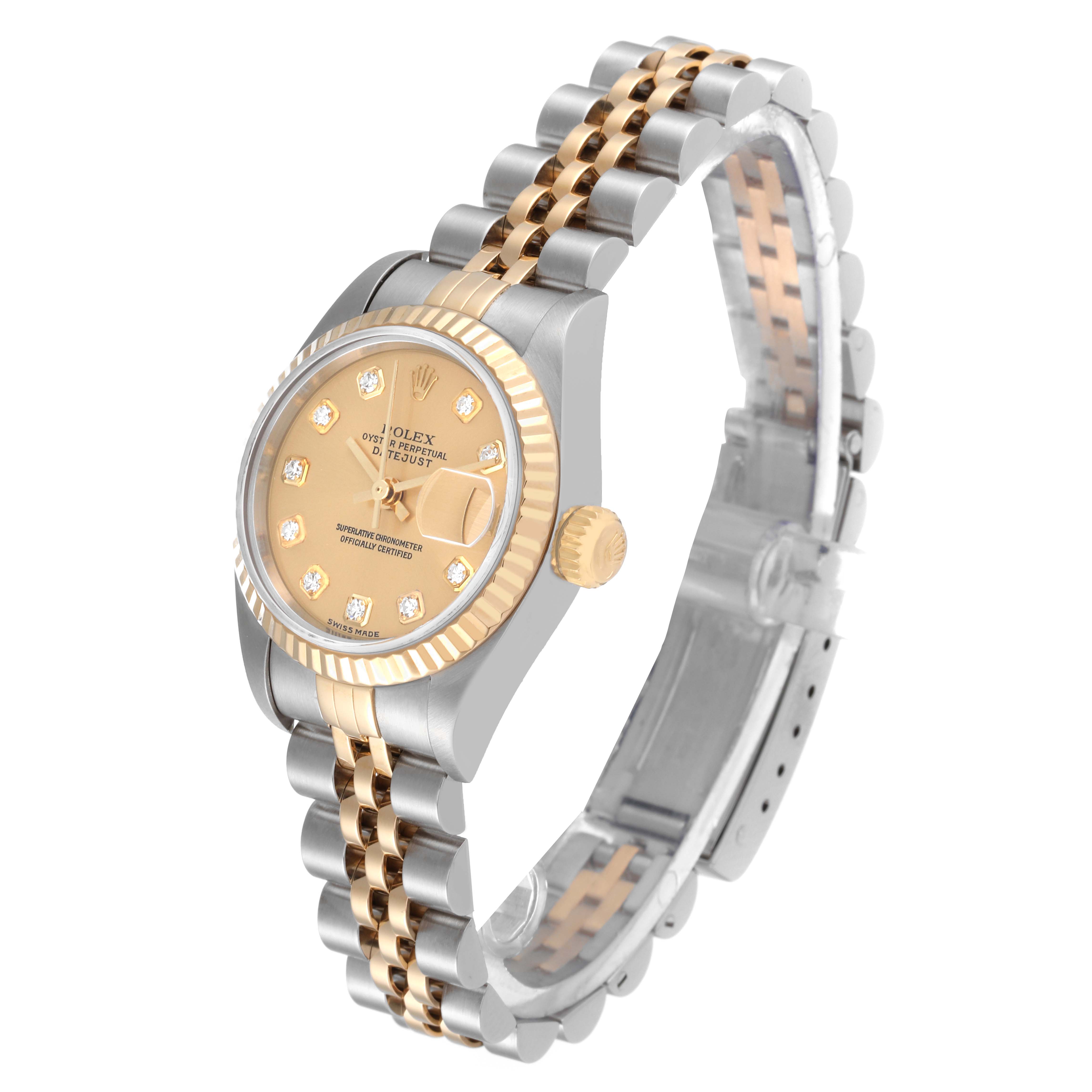 The image shows a Rolex Datejust 79173 Women's Steel and Gold (two tone) Champagne Dial 79173 Women's Steel and Gold (two tone) Champagne Dial watch at a slight angle, revealing the dial, crown, bezel, and bracelet.
