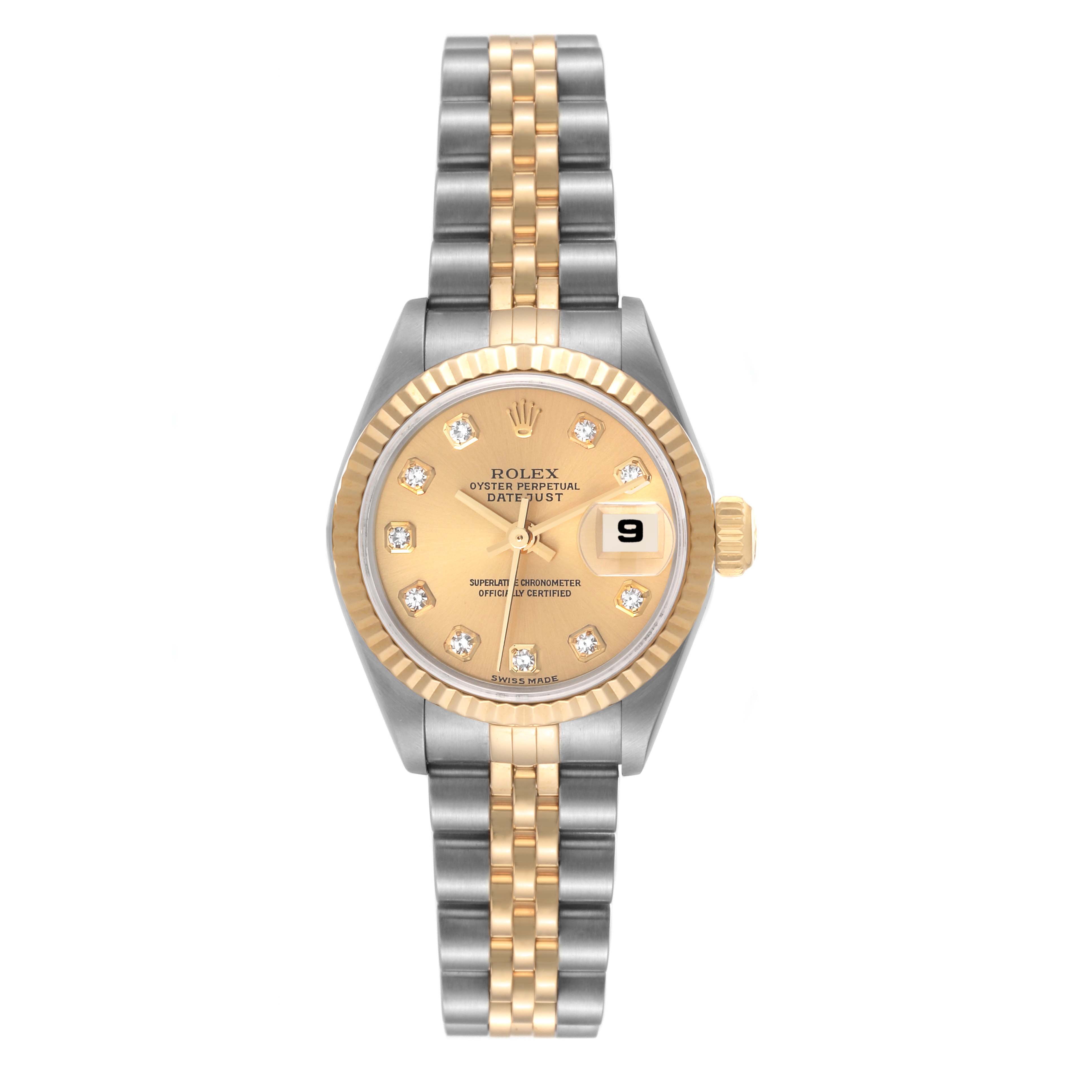 This is a front view of a Rolex Datejust 79173 Women's Steel and Gold (two tone) Champagne Dial 79173 Women's Steel and Gold (two tone) Champagne Dial watch, showing its gold and steel bracelet, fluted bezel, and champagne dial with date window.