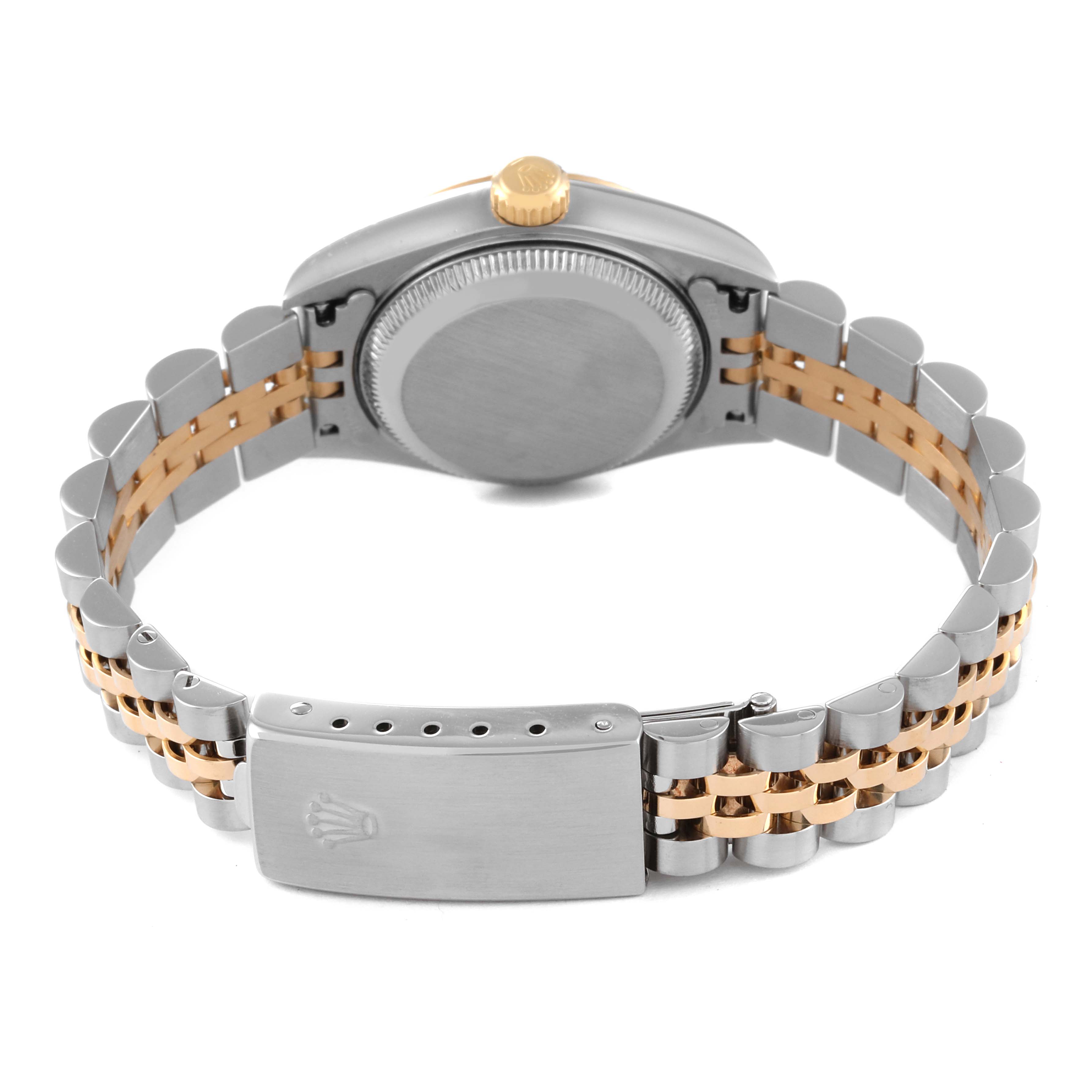 The image shows the back side of a Rolex Datejust 79173 Women's Steel and Gold (two tone) Champagne Dial 79173 Women's Steel and Gold (two tone) Champagne Dial watch, highlighting the case back, crown, and two-tone bracelet with a clasp.