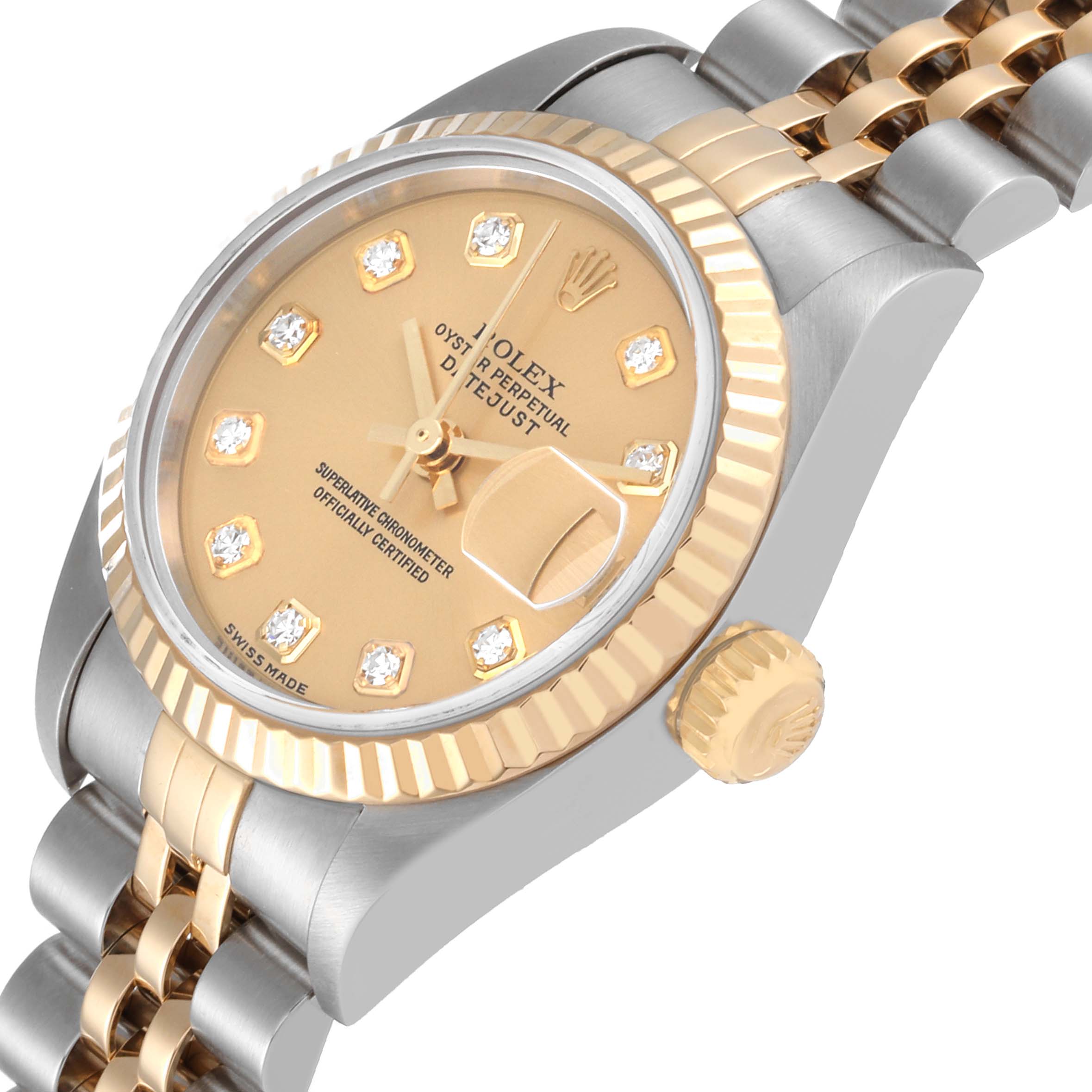 This image shows a close-up angle of a Rolex Datejust 79173 Women's Steel and Gold (two tone) Champagne Dial 79173 Women's Steel and Gold (two tone) Champagne Dial watch, highlighting the dial, bezel, crown, and part of the bracelet.