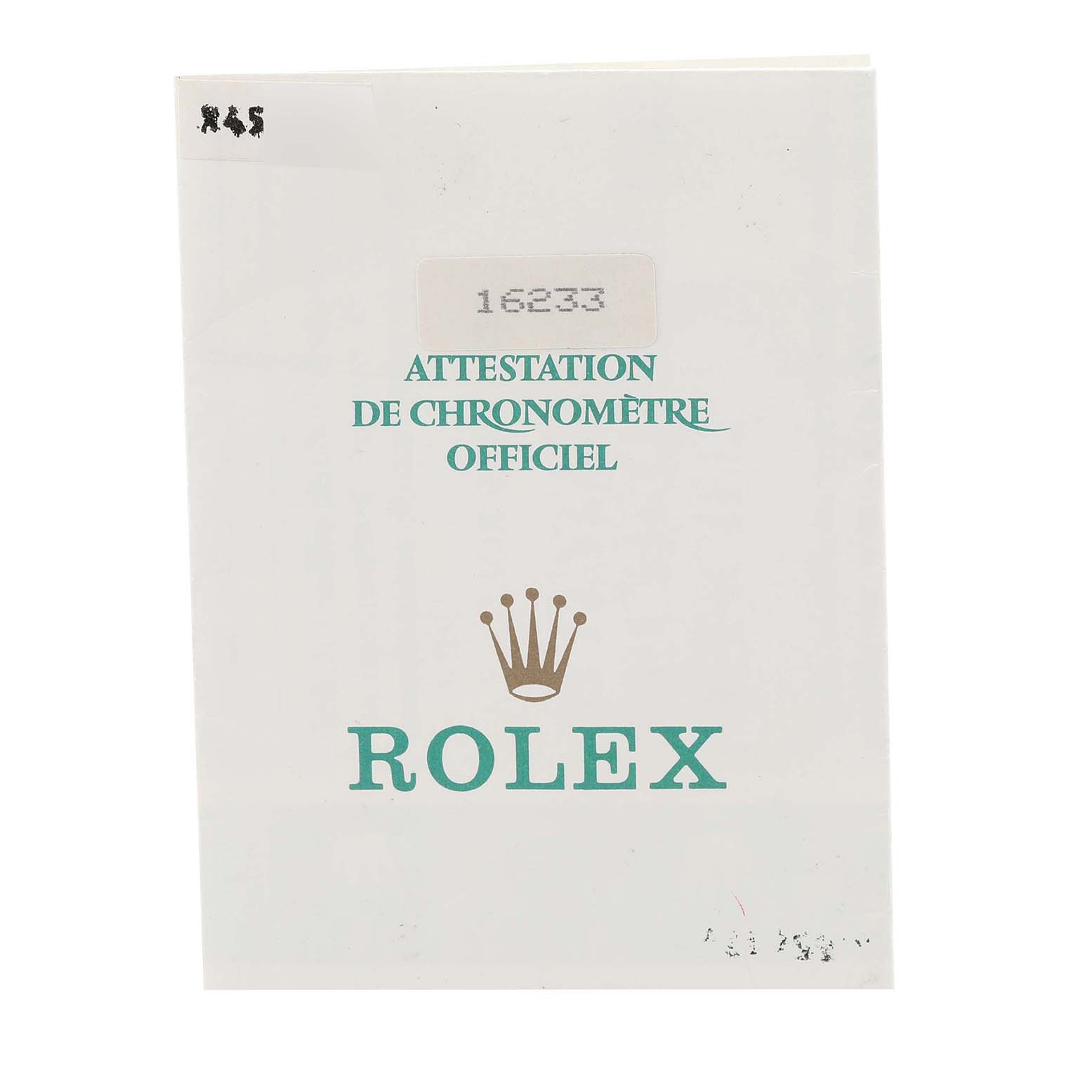 The image shows the official certification document for the Rolex Datejust 16233 Men's Steel and Gold (two tone) Champagne Dial 16233 Men's Steel and Gold (two tone) Champagne Dial model 16233.