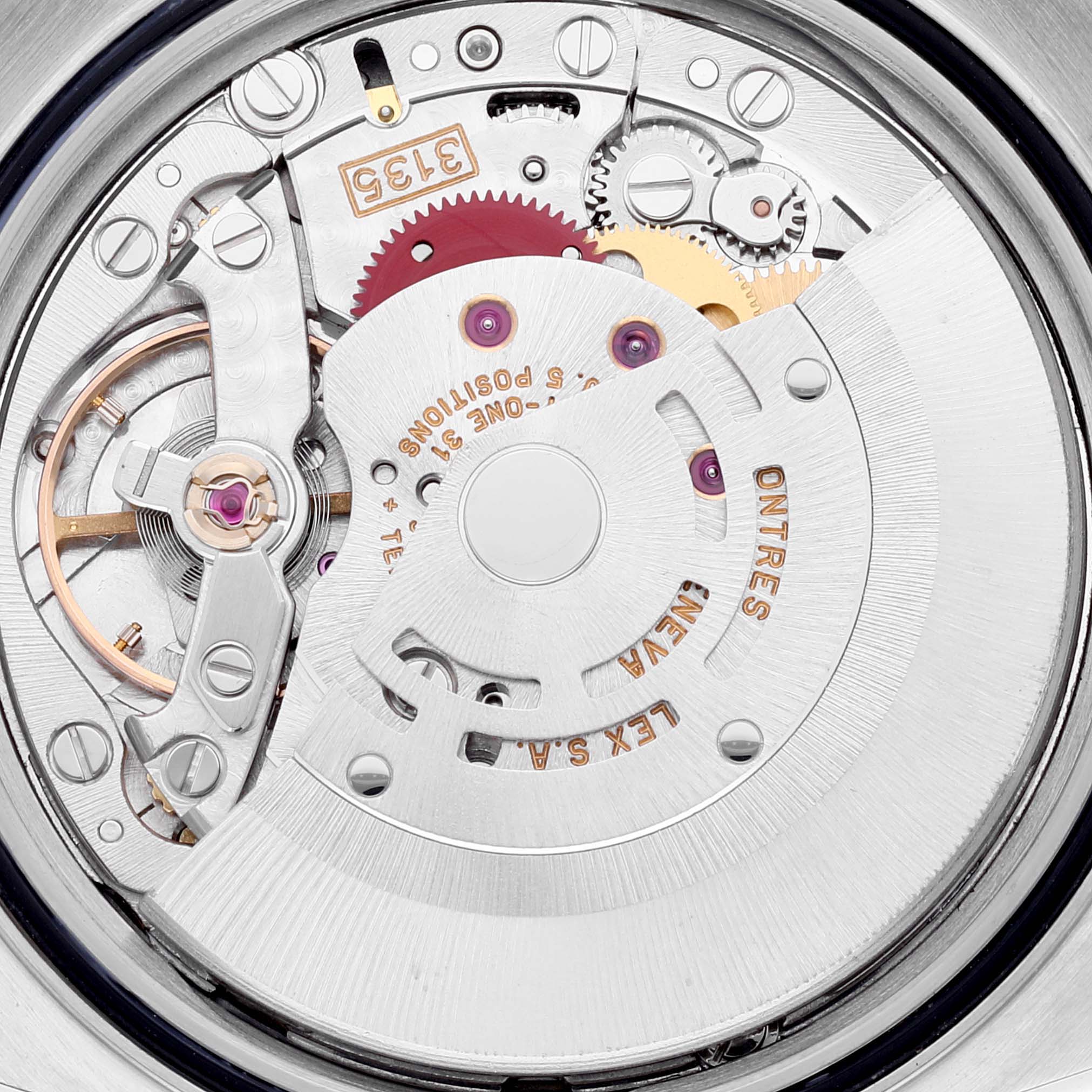 The image shows the internal mechanism of a Rolex Datejust 16233 Men's Steel and Gold (two tone) Champagne Dial 16233 Men's Steel and Gold (two tone) Champagne Dial watch from a close-up, rear angle, highlighting the movement components.