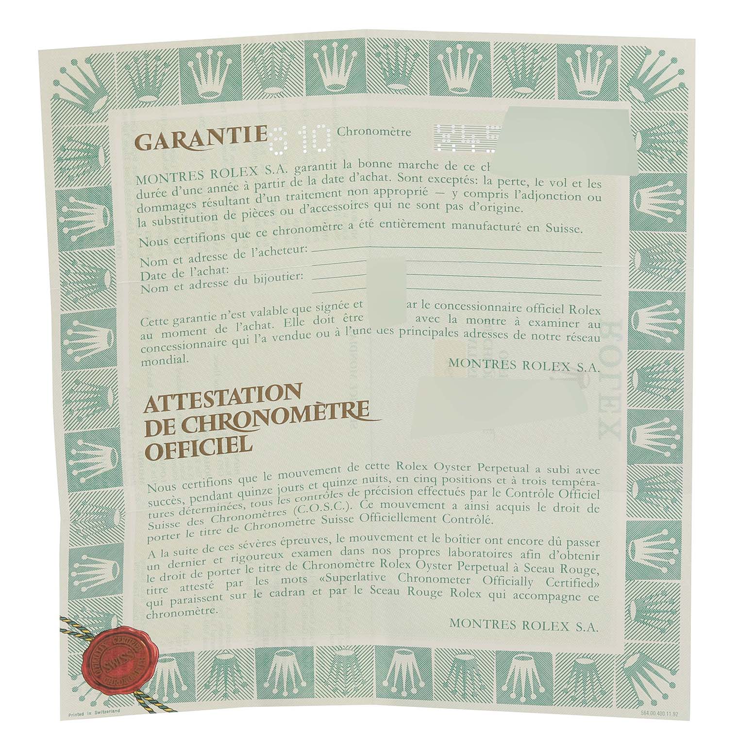 This is an image of the guarantee and certification document for a Rolex Datejust 16233 Men's Steel and Gold (two tone) Champagne Dial 16233 Men's Steel and Gold (two tone) Champagne Dial watch, showing text and logos.