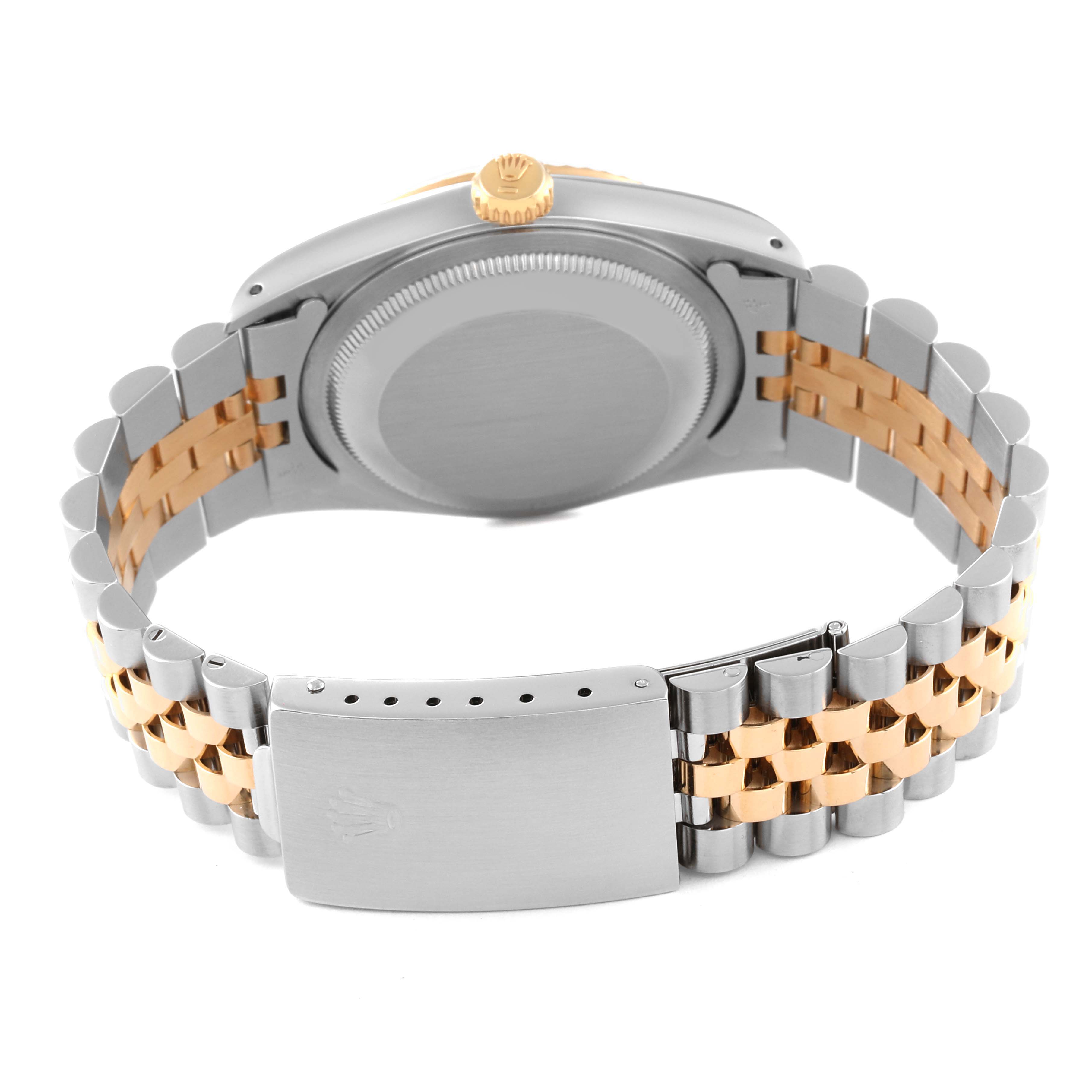 This image shows the back view of a Rolex Datejust 16233 Men's Steel and Gold (two tone) Champagne Dial 16233 Men's Steel and Gold (two tone) Champagne Dial watch, highlighting the case back and Jubilee bracelet with a concealed clasp.