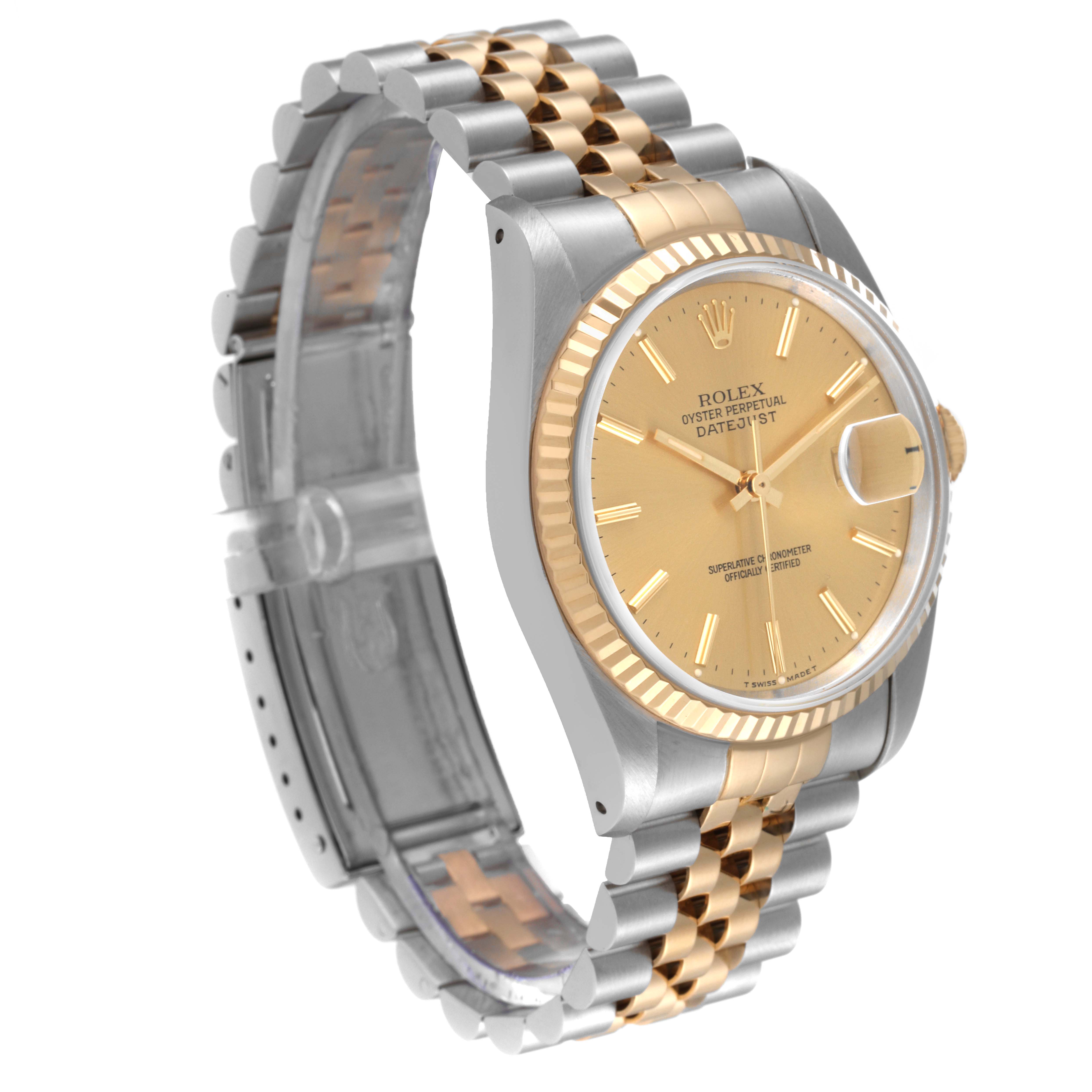 The image shows a side angle of a Rolex Datejust 16233 Men's Steel and Gold (two tone) Champagne Dial 16233 Men's Steel and Gold (two tone) Champagne Dial watch emphasizing its face, bezel, and Jubilee bracelet.
