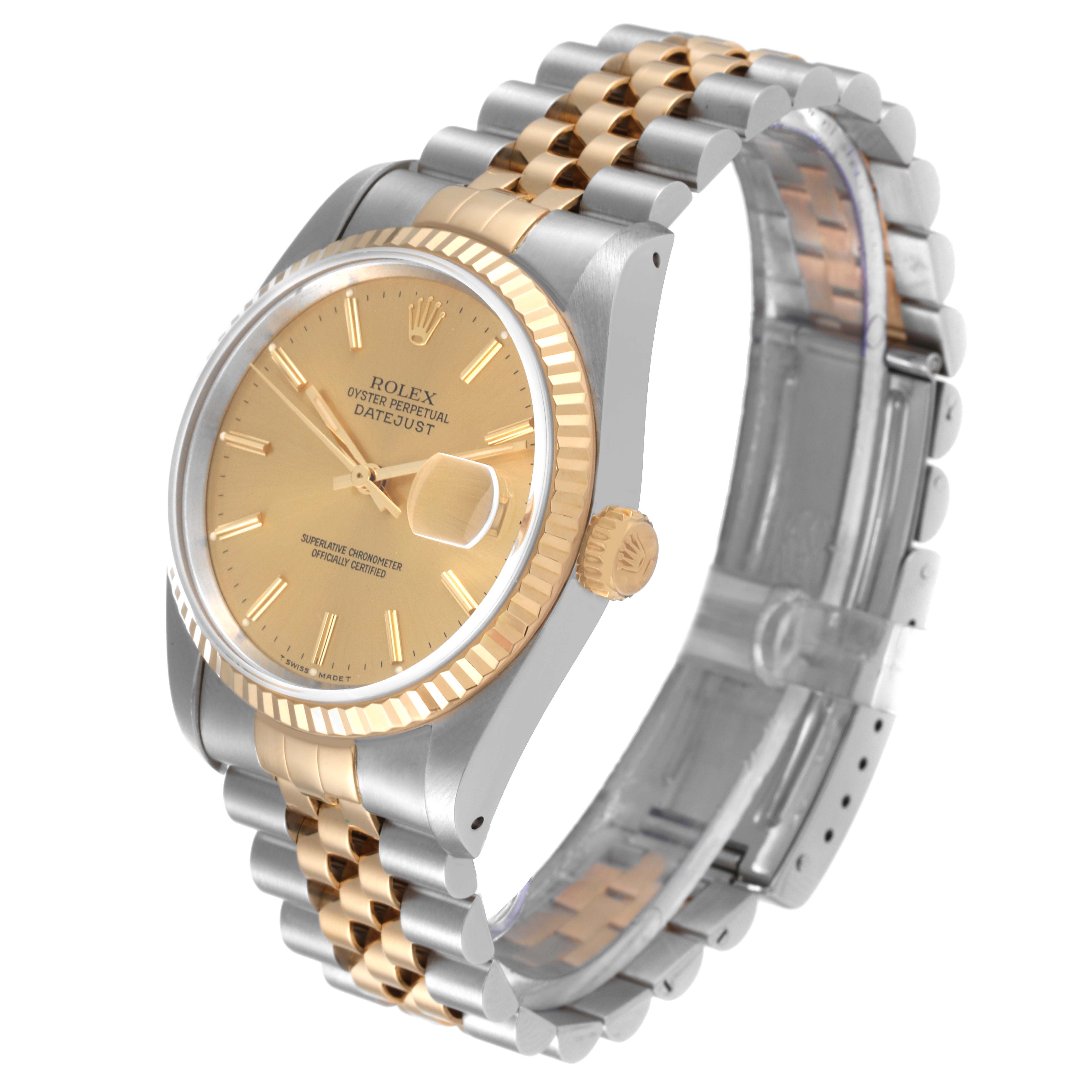 The Rolex Datejust 16233 Men's Steel and Gold (two tone) Champagne Dial 16233 Men's Steel and Gold (two tone) Champagne Dial watch is shown at a slight angle, displaying its gold dial, date window, and two-tone bracelet.