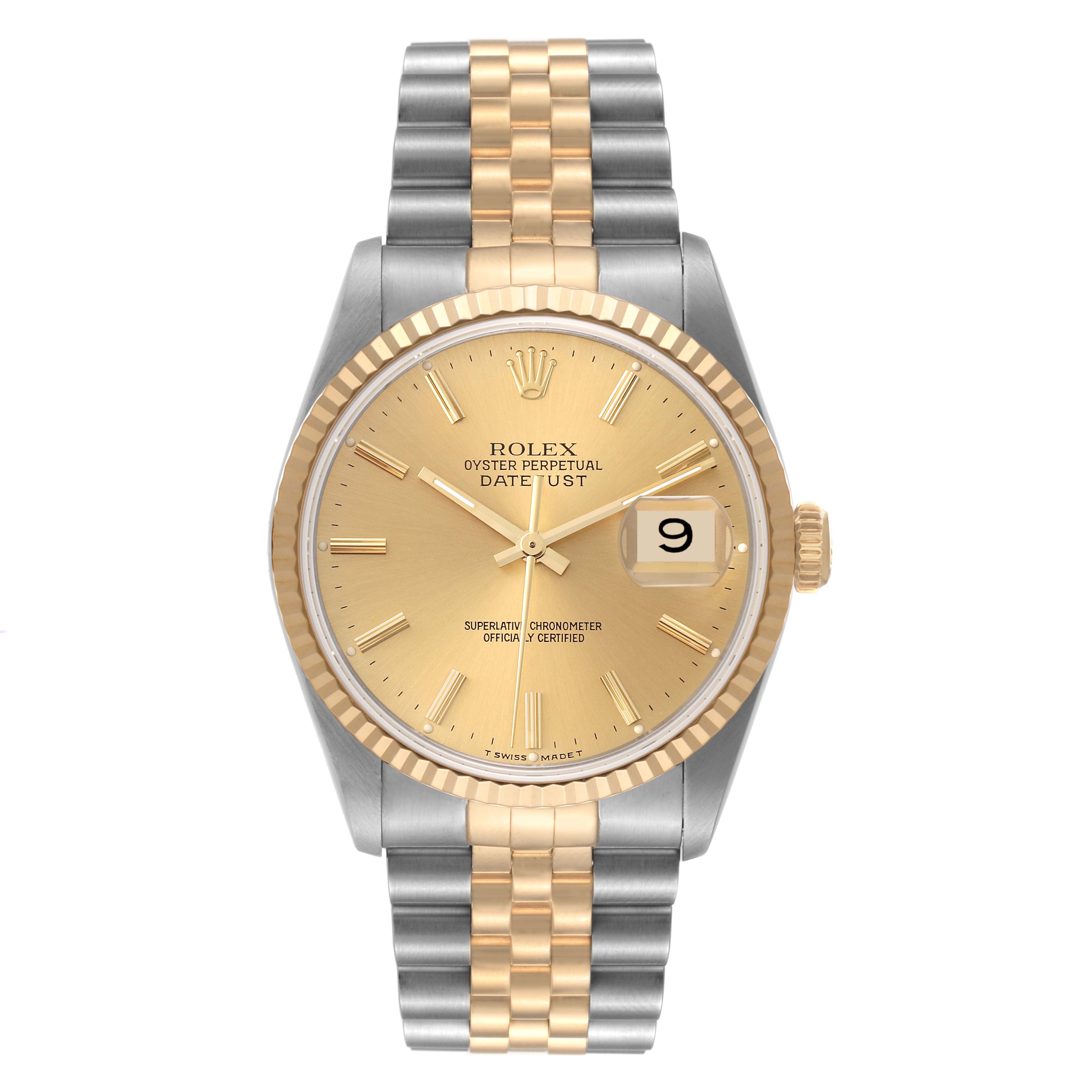 The image shows a Rolex Datejust 16233 Men's Steel and Gold (two tone) Champagne Dial 16233 Men's Steel and Gold (two tone) Champagne Dial watch photographed from the front, displaying the face, bezel, crown, and bracelet.