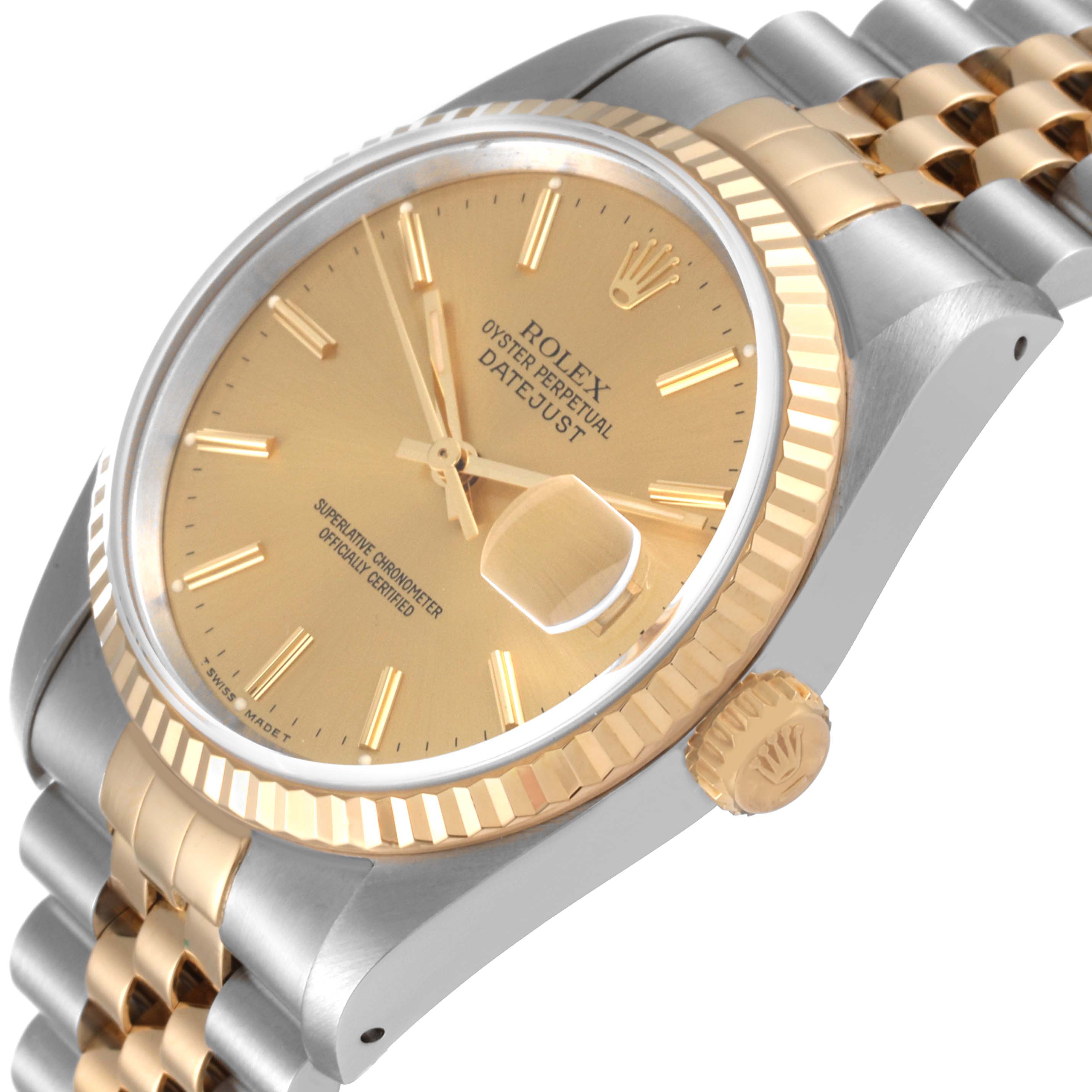 The image shows a close-up side angle of the Rolex Datejust 16233 Men's Steel and Gold (two tone) Champagne Dial 16233 Men's Steel and Gold (two tone) Champagne Dial watch, highlighting its gold face, fluted bezel, crown, and part of its two-tone bracelet.