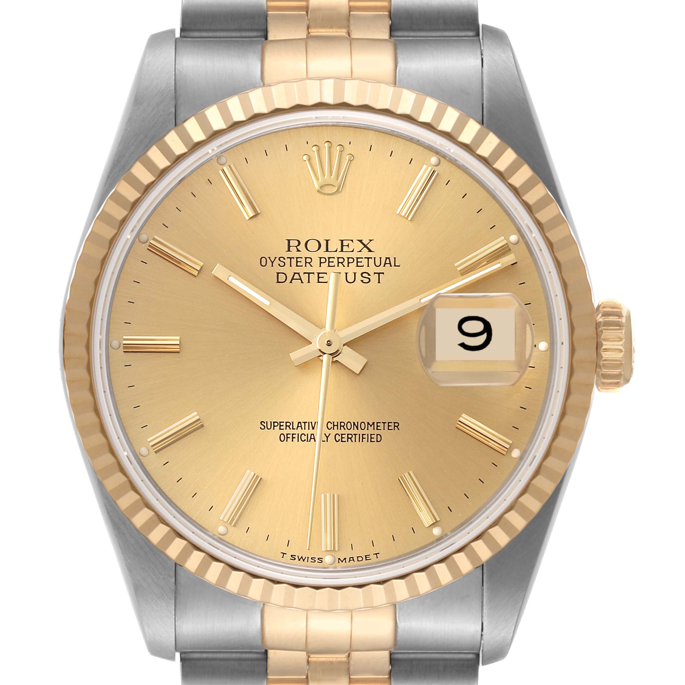 The image shows the face and part of the bracelet of a Rolex Datejust 16233 Men's Steel and Gold (two tone) Champagne Dial 16233 Men's Steel and Gold (two tone) Champagne Dial watch, with a clear view of its dial and bezel.