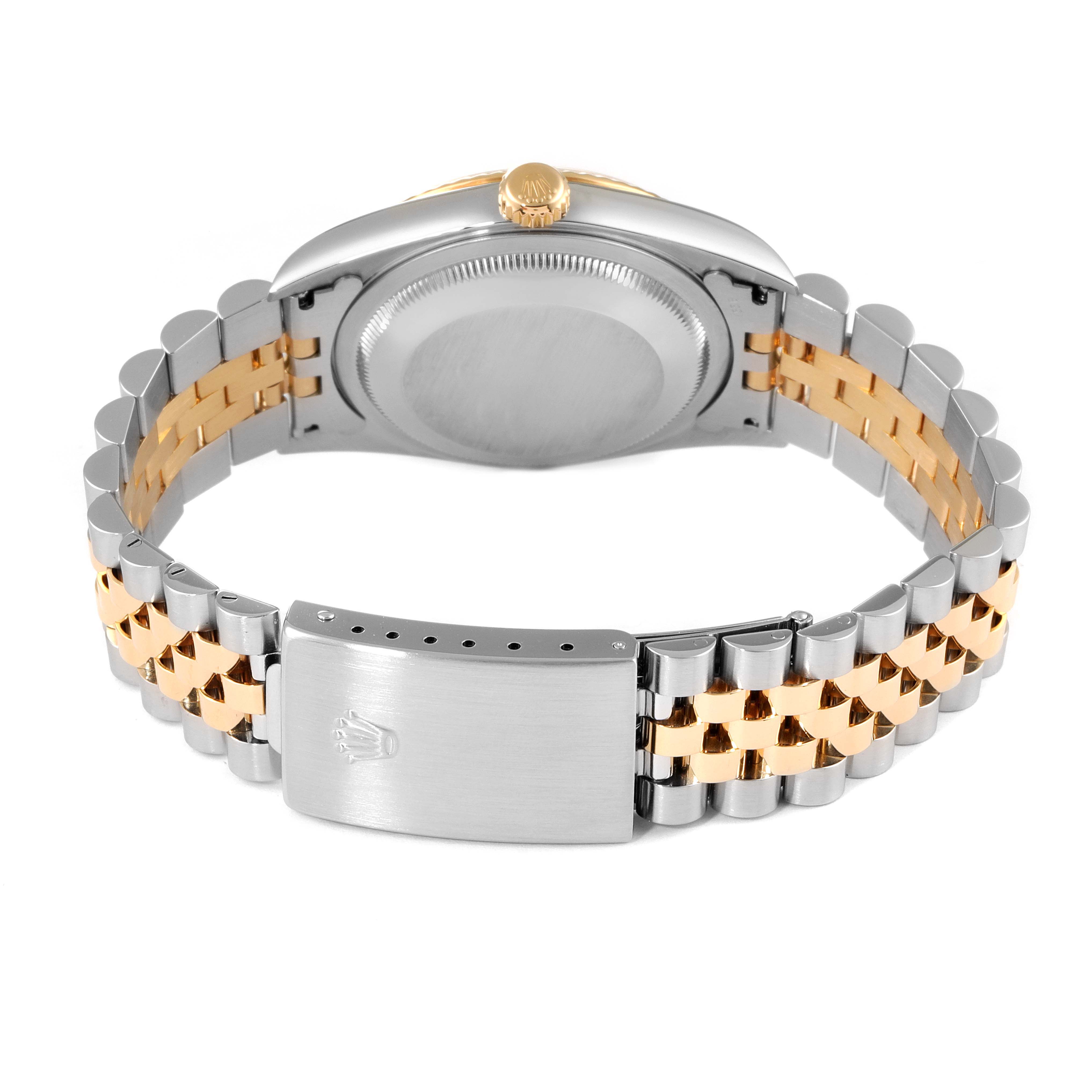 The image shows the case back and bracelet of a Rolex Datejust 16233 Men's Steel and Gold (two tone) Champagne Dial 16233 Men's Steel and Gold (two tone) Champagne Dial model from the rear angle.