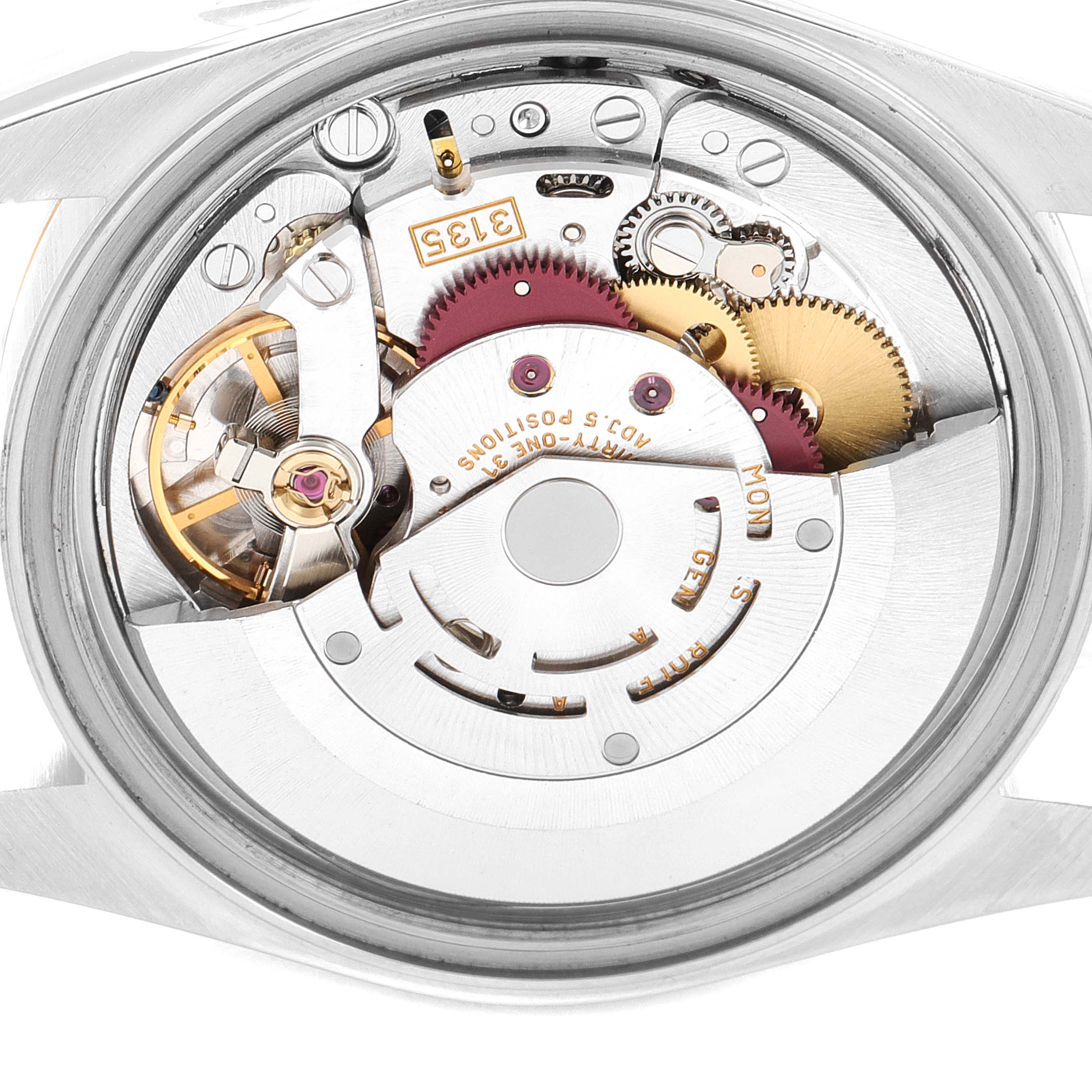 The image shows the internal mechanism of a Rolex Datejust 16233 Men's Steel and Gold (two tone) Champagne Dial 16233 Men's Steel and Gold (two tone) Champagne Dial watch, viewed from the back, revealing the intricate movement components.
