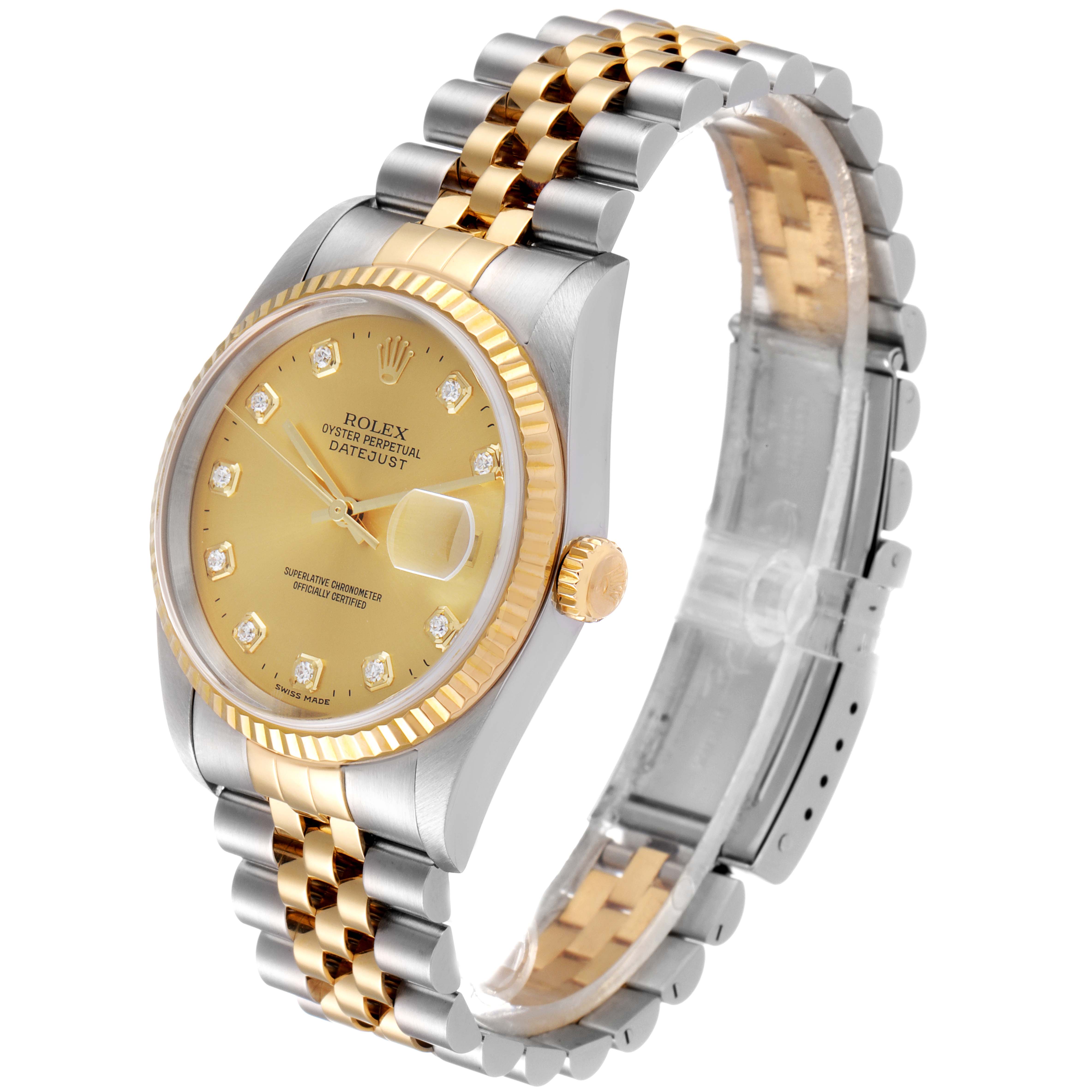 The image shows a Rolex Datejust 16233 Men's Steel and Gold (two tone) Champagne Dial 16233 Men's Steel and Gold (two tone) Champagne Dial watch at a three-quarter angle, highlighting the dial, bezel, crown, and the Jubilee bracelet.