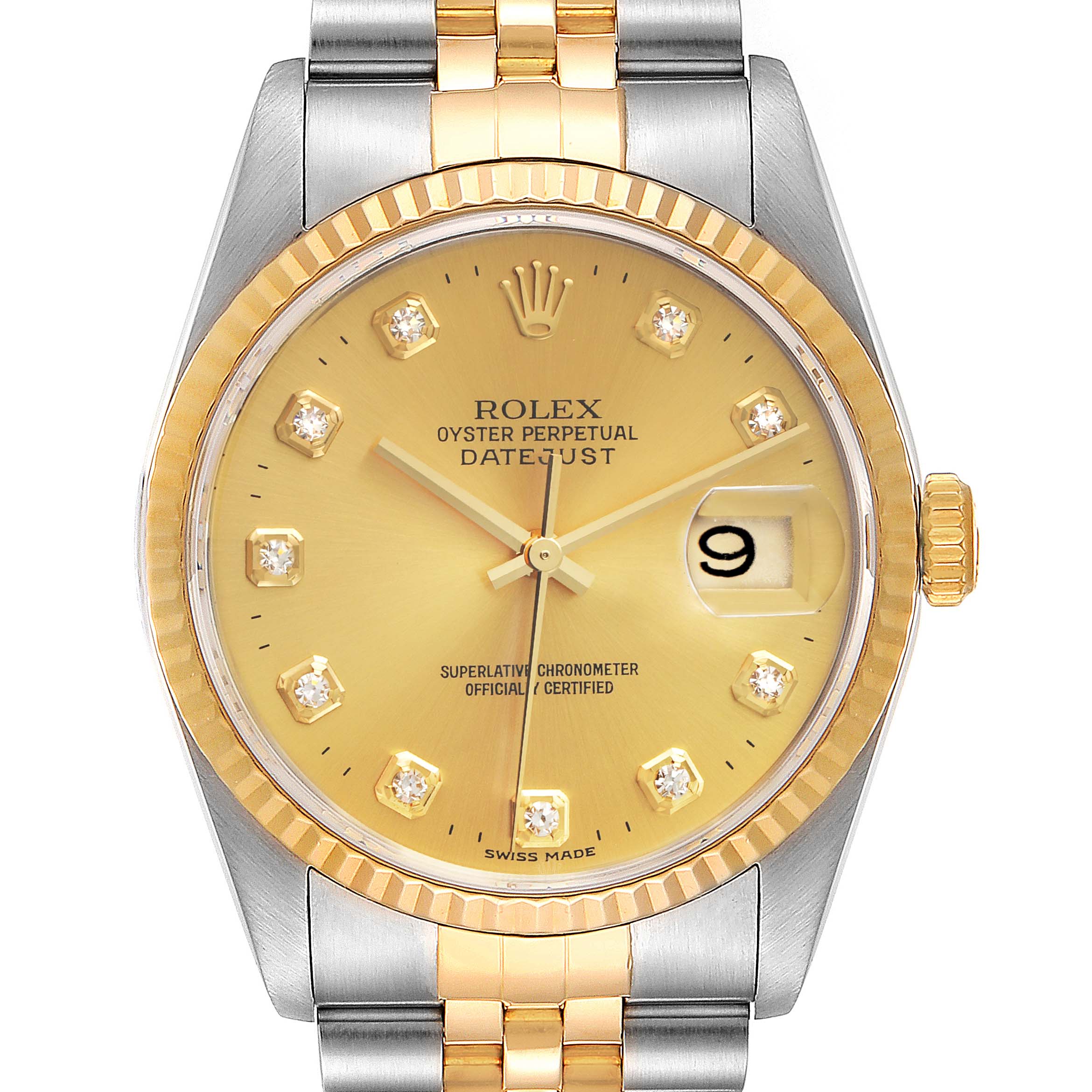 The image shows a Rolex Datejust 16233 Men's Steel and Gold (two tone) Champagne Dial 16233 Men's Steel and Gold (two tone) Champagne Dial model watch from a frontal angle, featuring a two-tone bracelet and a gold dial with diamond markers.