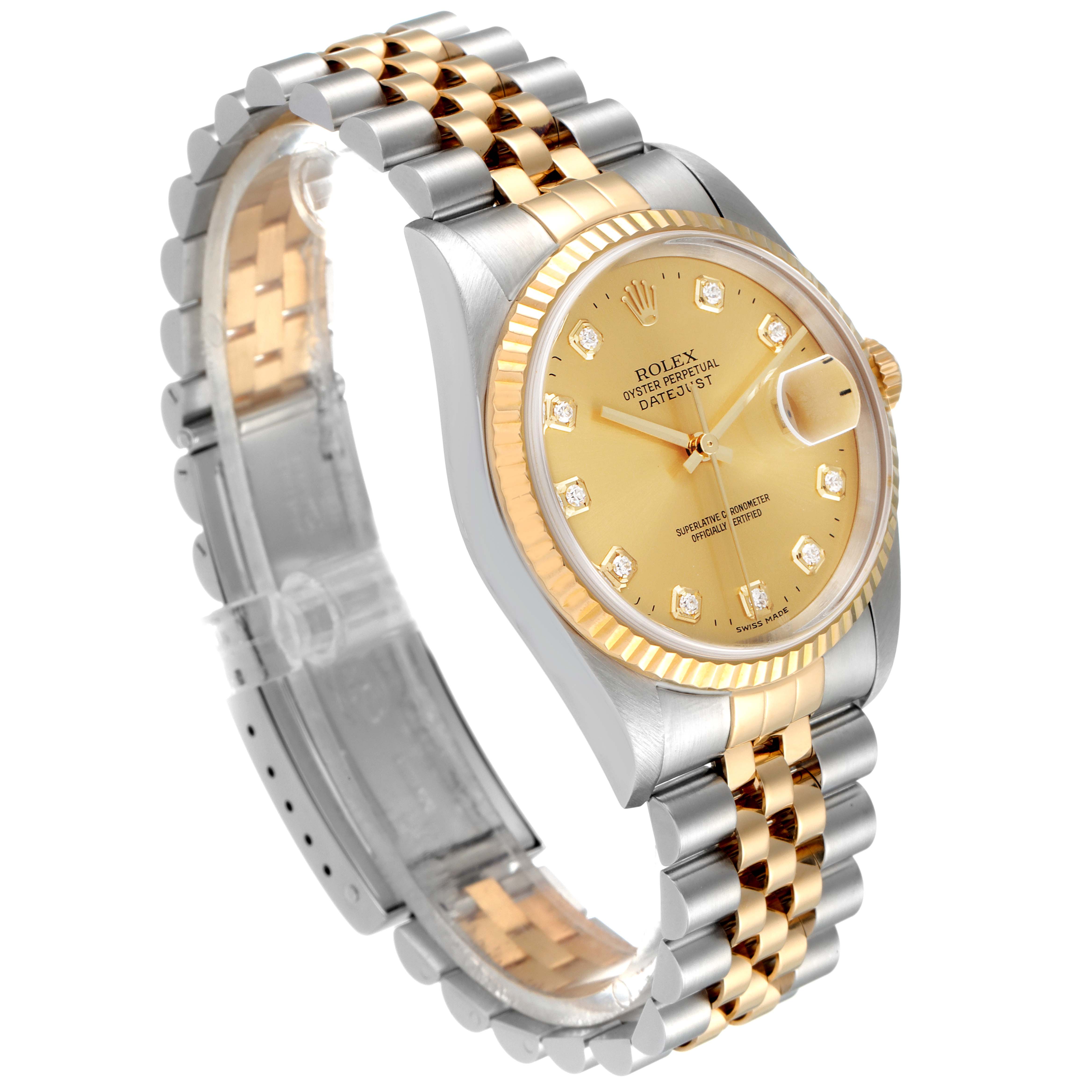 The image shows a Rolex Datejust 16233 Men's Steel and Gold (two tone) Champagne Dial 16233 Men's Steel and Gold (two tone) Champagne Dial watch at a three-quarter angle, featuring a gold and silver bracelet, a gold dial, and a fluted bezel.