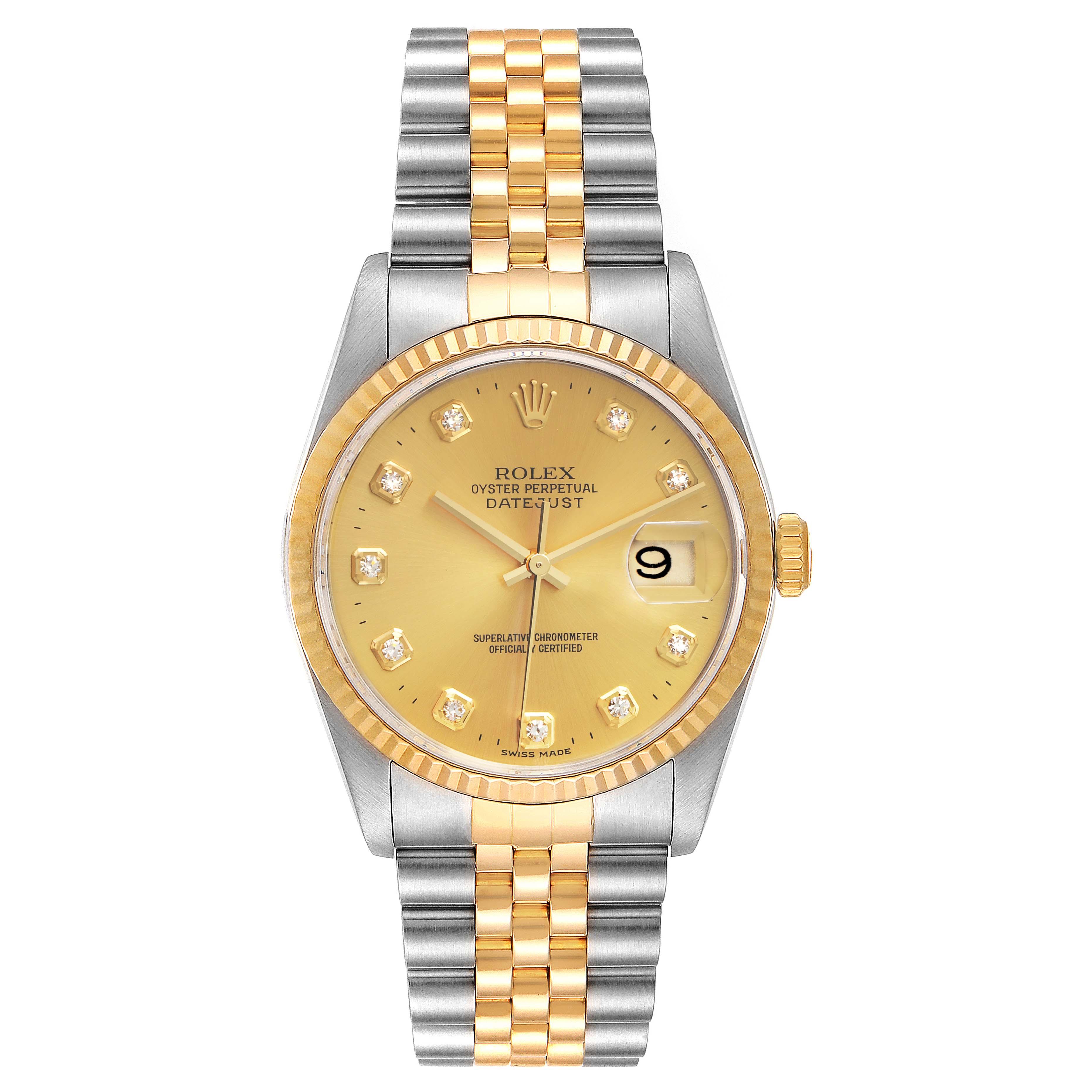 The Rolex Datejust 16233 Men's Steel and Gold (two tone) Champagne Dial 16233 Men's Steel and Gold (two tone) Champagne Dial watch is shown from a frontal angle, highlighting its dial, bezel, and two-tone bracelet.