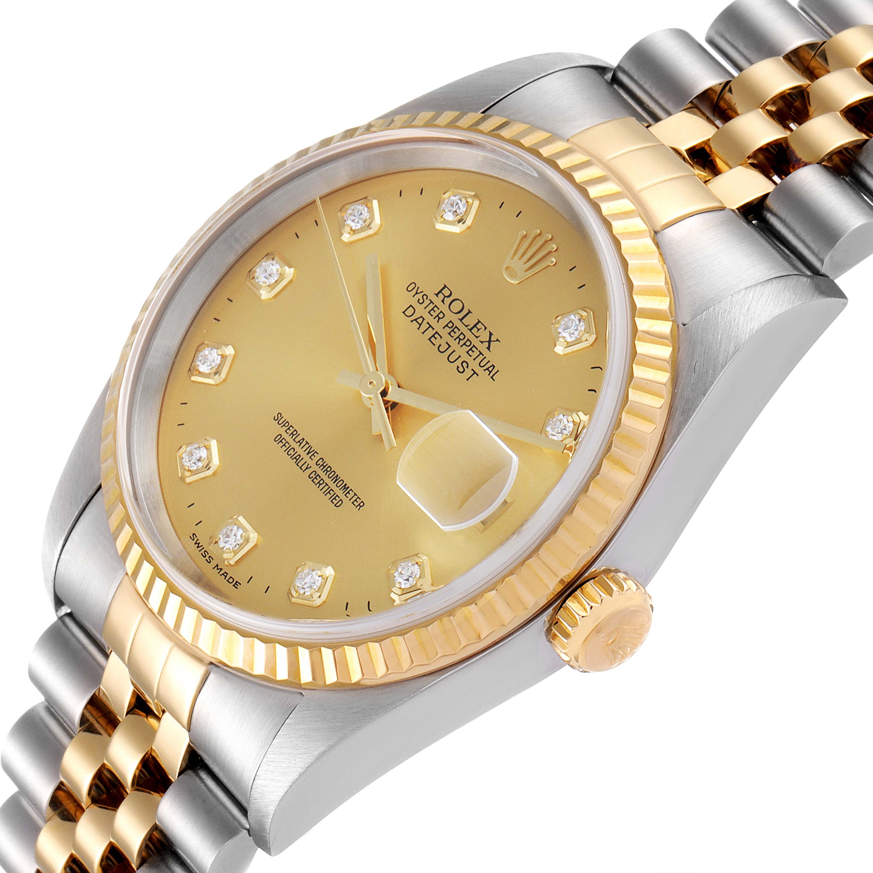 The image shows a close-up angle of the dial, crown, and part of the bracelet of the Rolex Datejust 16233 Men's Steel and Gold (two tone) Champagne Dial 16233 Men's Steel and Gold (two tone) Champagne Dial watch.