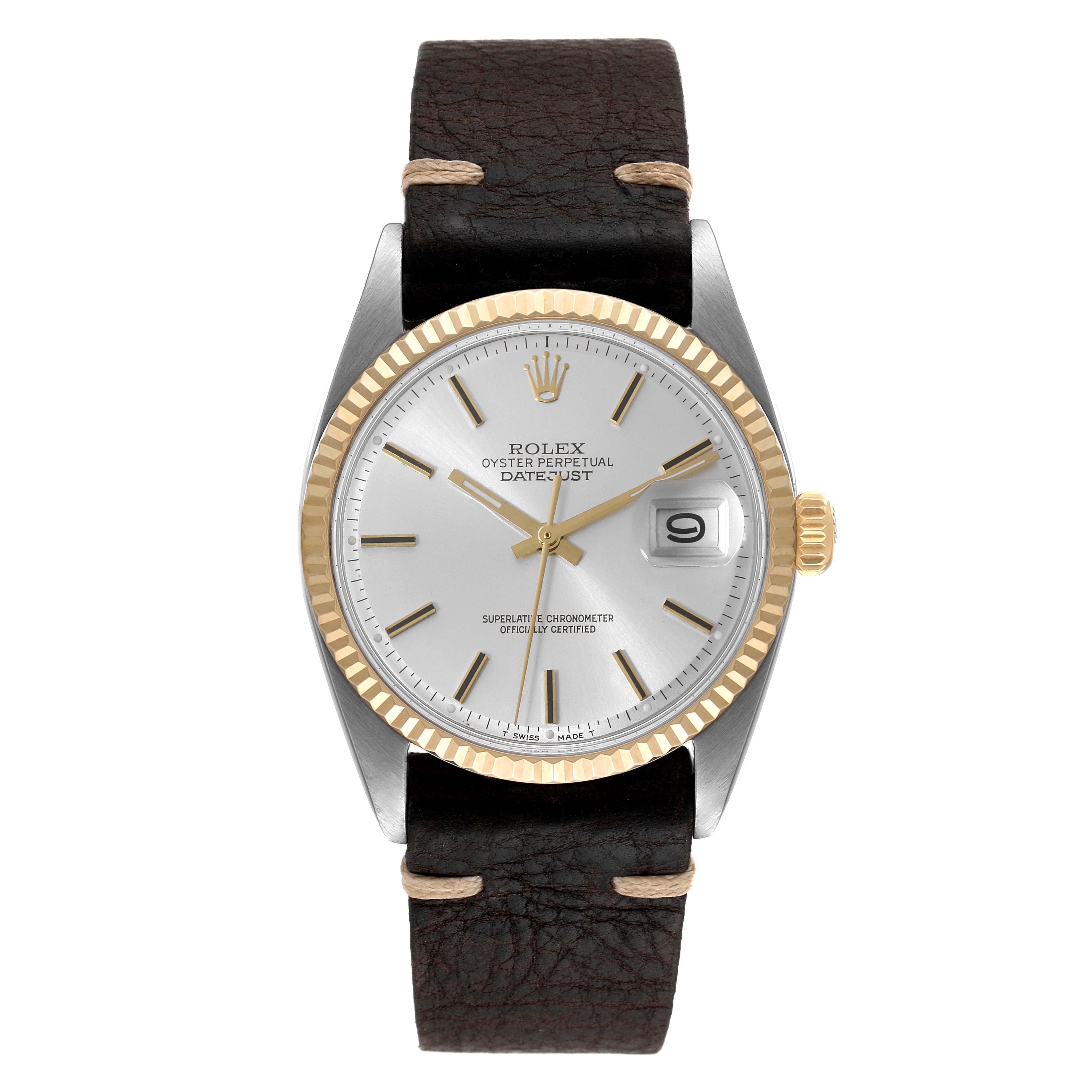 The image shows a frontal view of the Rolex Vintage Collection 1601 Men's Steel and Gold (two tone) Silver Dial 1601 Men's Steel and Gold (two tone) Silver Dial Datejust with a silver dial and a black leather strap.