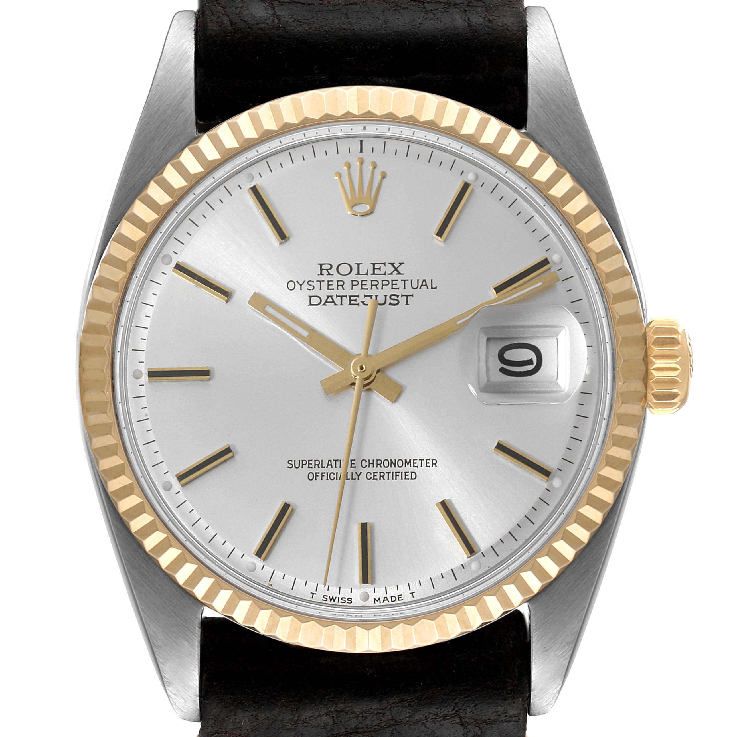 The image shows a Rolex Vintage Collection 1601 Men's Steel and Gold (two tone) Silver Dial 1601 Men's Steel and Gold (two tone) Silver Dial Datejust watch featuring a silver dial, gold fluted bezel, date display, and black leather strap.