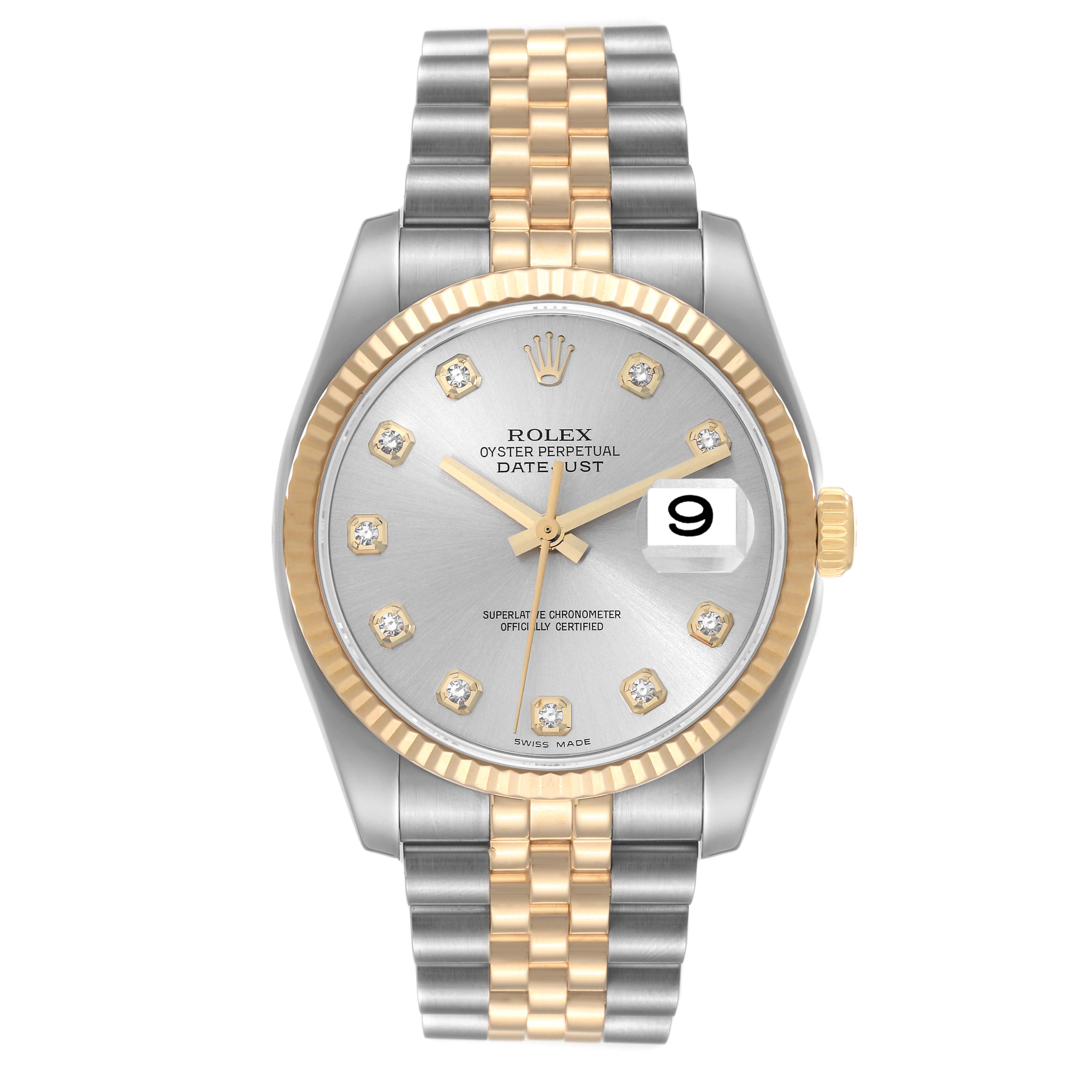 This image shows the face and bracelet of a Rolex Datejust 116233 Men's Steel and Gold (two tone) Silver Dial 116233 Men's Steel and Gold (two tone) Silver Dial watch in a straight-on view.