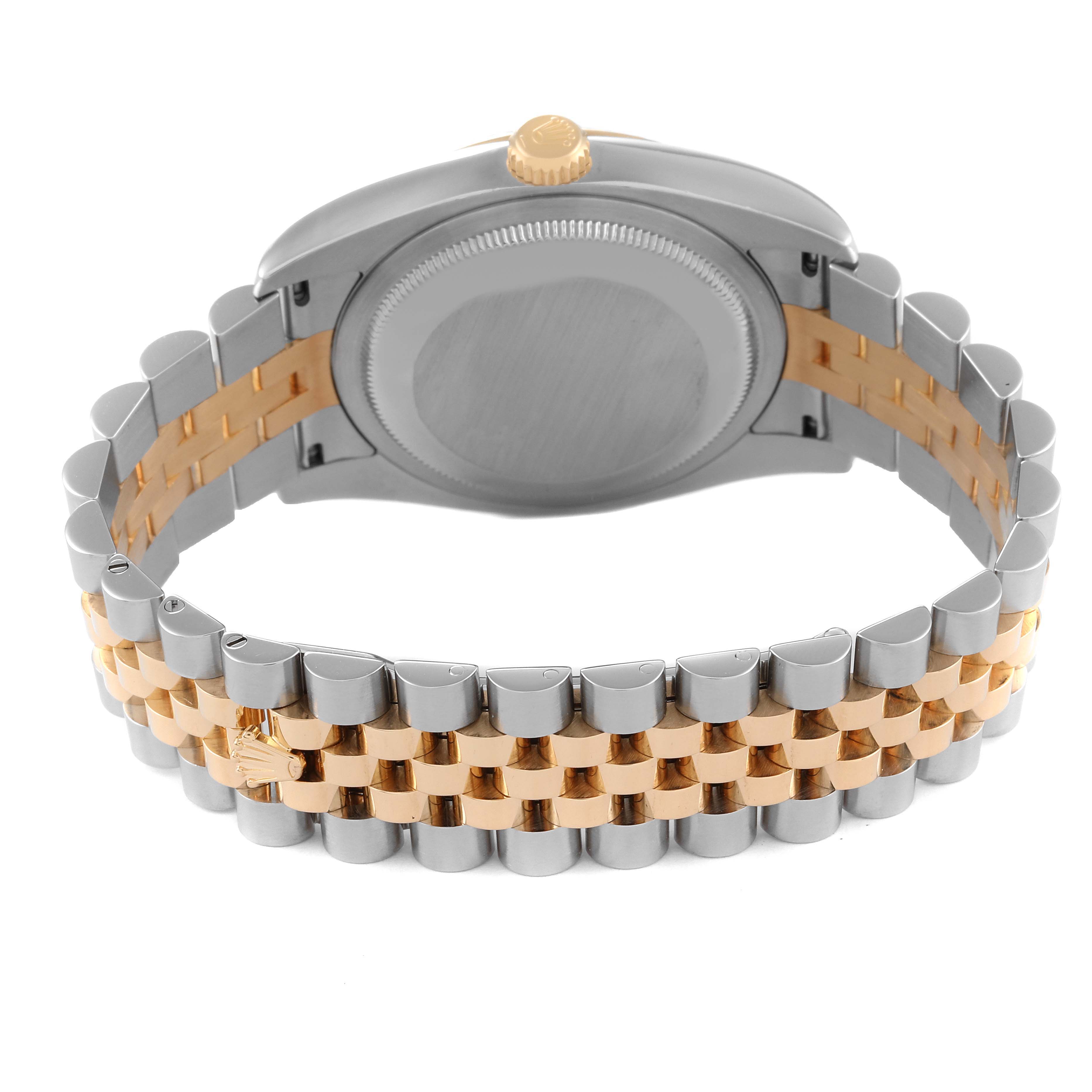 This image shows the back and bracelet of a Rolex Datejust 116233 Men's Steel and Gold (two tone) Silver Dial 116233 Men's Steel and Gold (two tone) Silver Dial watch, highlighting its two-tone metal design.