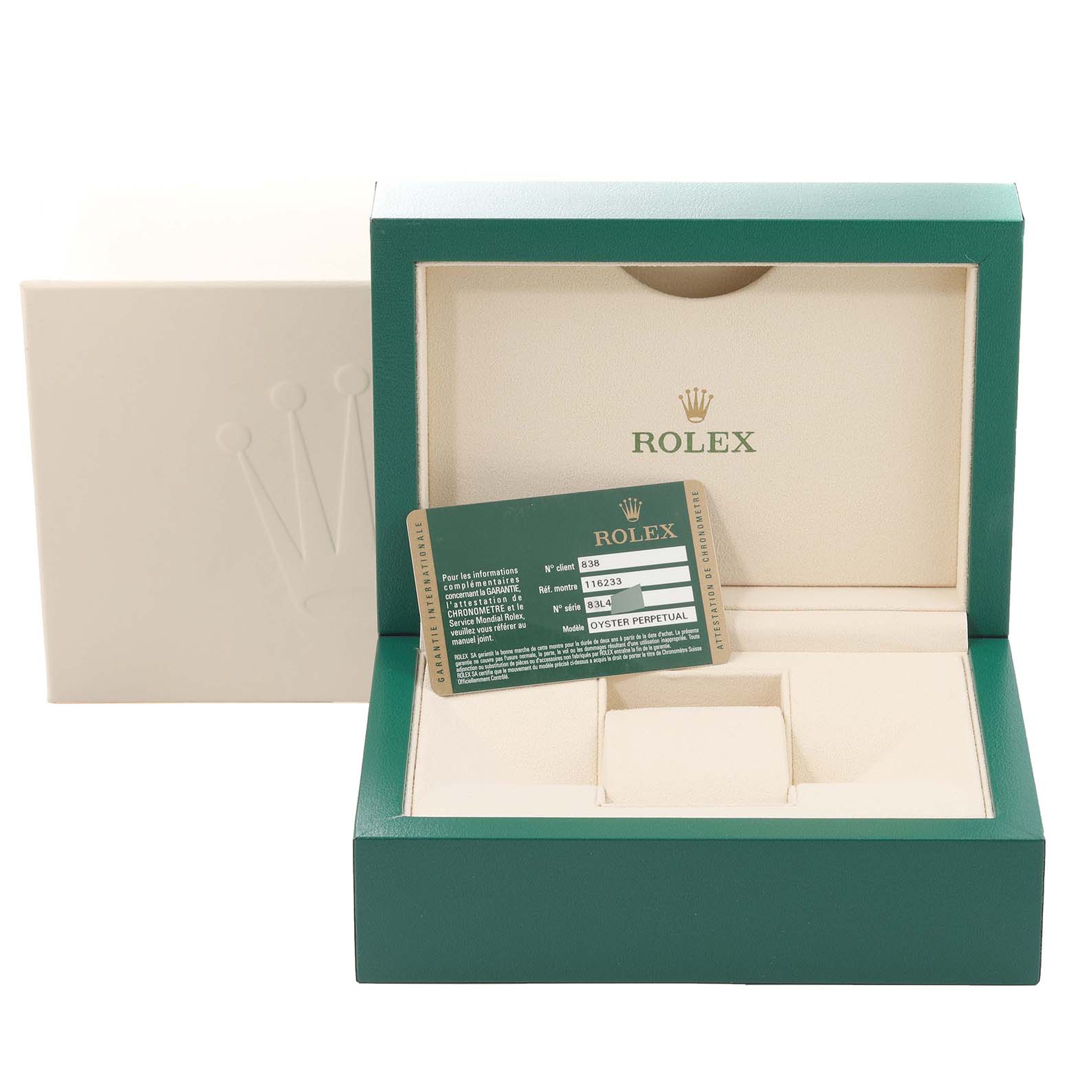 This image displays the open box and authentication card of a Rolex Datejust 116233 Men's Steel and Gold (two tone) Silver Dial 116233 Men's Steel and Gold (two tone) Silver Dial watch, with the interior compartments visible.