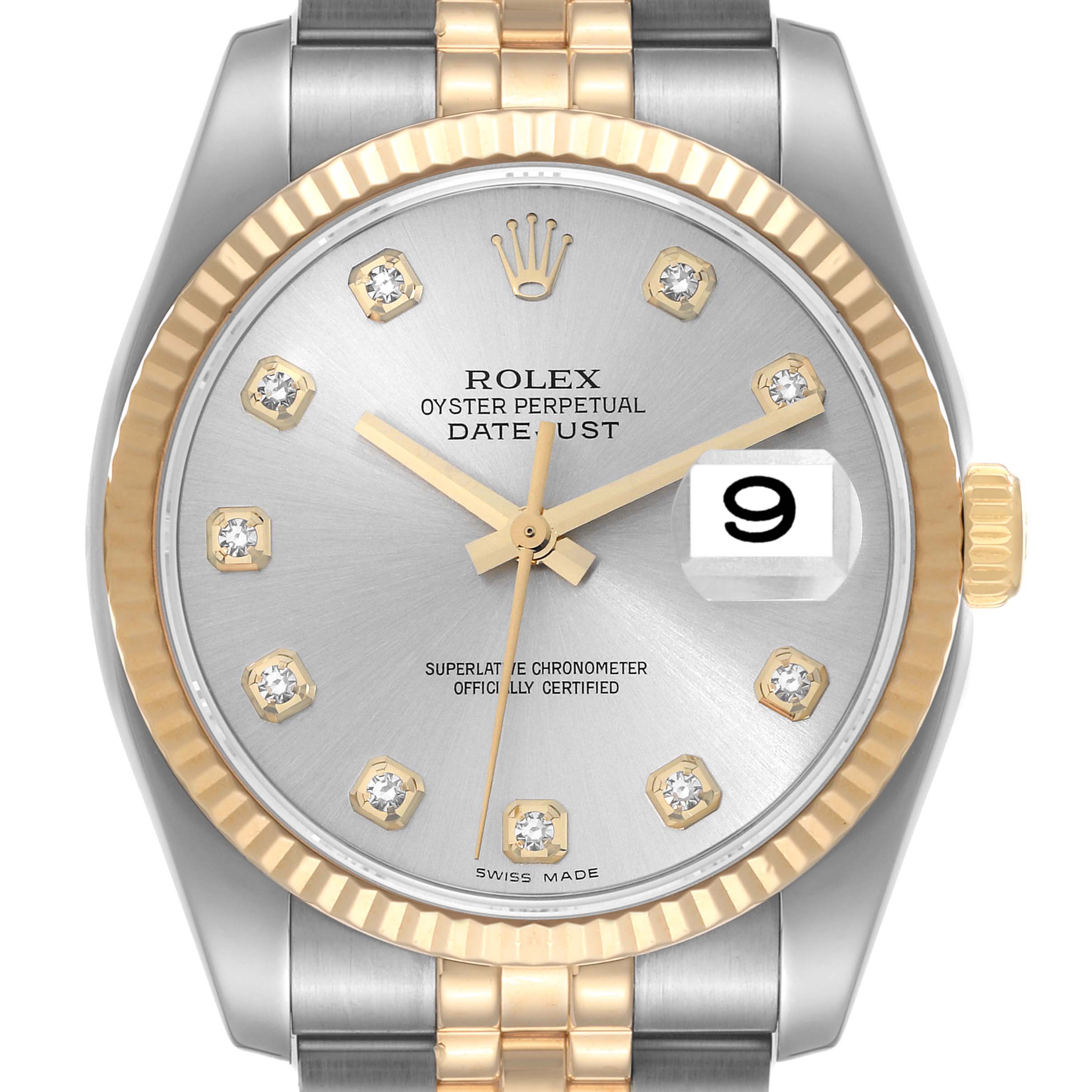 The image shows a close-up, front view of the Rolex Datejust 116233 Men's Steel and Gold (two tone) Silver Dial 116233 Men's Steel and Gold (two tone) Silver Dial watch, highlighting its face, bezel, and partial bracelet.