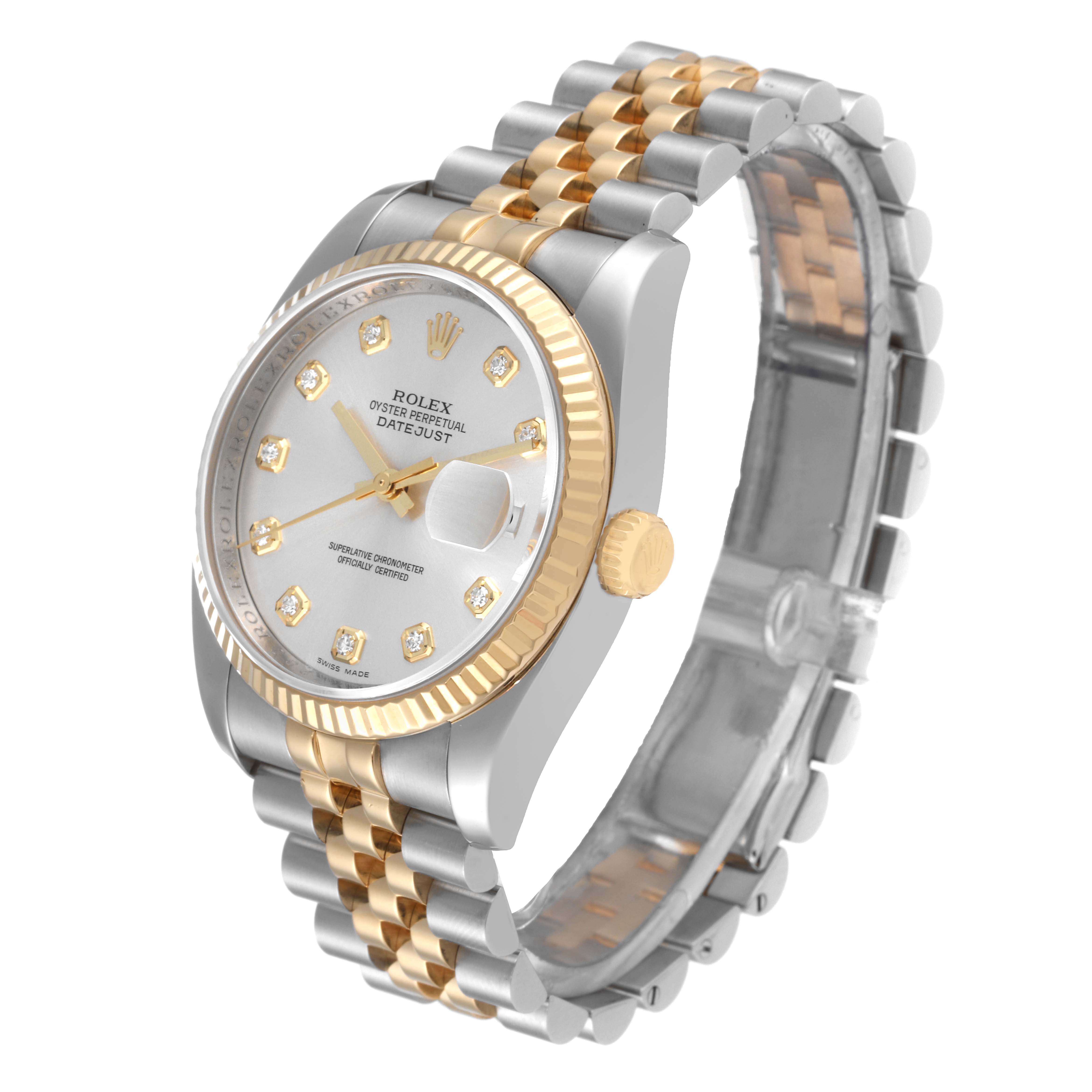 This Rolex Datejust 116233 Men's Steel and Gold (two tone) Silver Dial 116233 Men's Steel and Gold (two tone) Silver Dial watch is shown at an angled front view, displaying the face, bezel, crown, and two-tone bracelet.