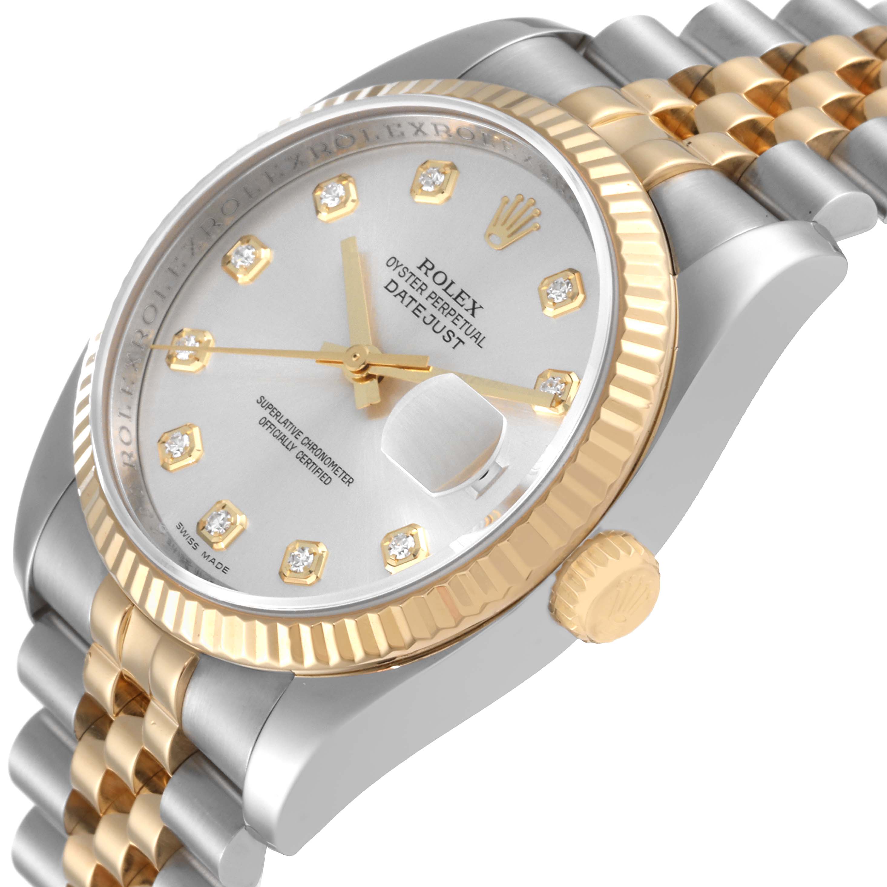 This image shows a close-up of the Rolex Datejust 116233 Men's Steel and Gold (two tone) Silver Dial 116233 Men's Steel and Gold (two tone) Silver Dial model's dial, bezel, crown, and part of the bracelet at an angled perspective.