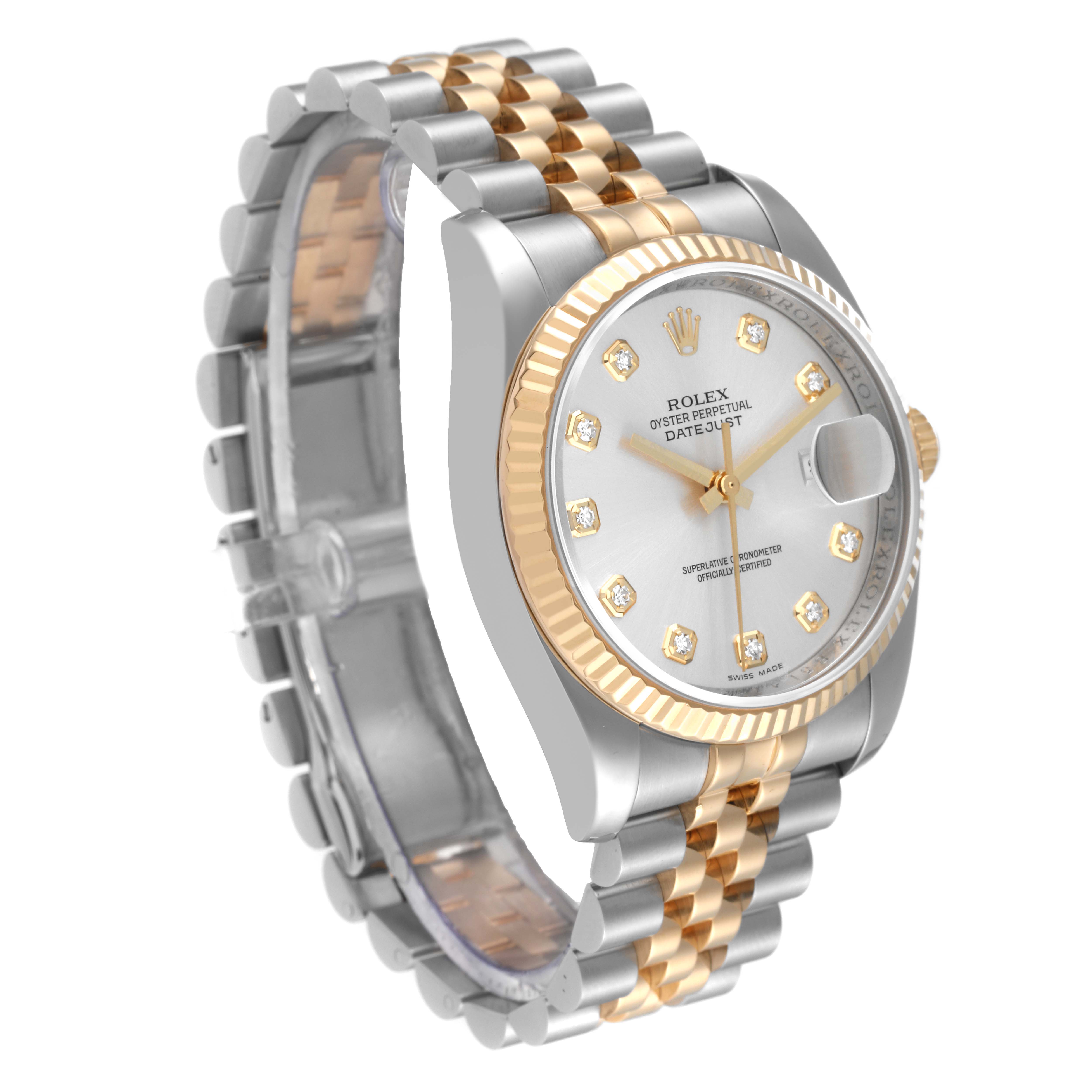 The image shows a Rolex Datejust 116233 Men's Steel and Gold (two tone) Silver Dial 116233 Men's Steel and Gold (two tone) Silver Dial watch angled to display the face, bezel, and part of the bracelet.