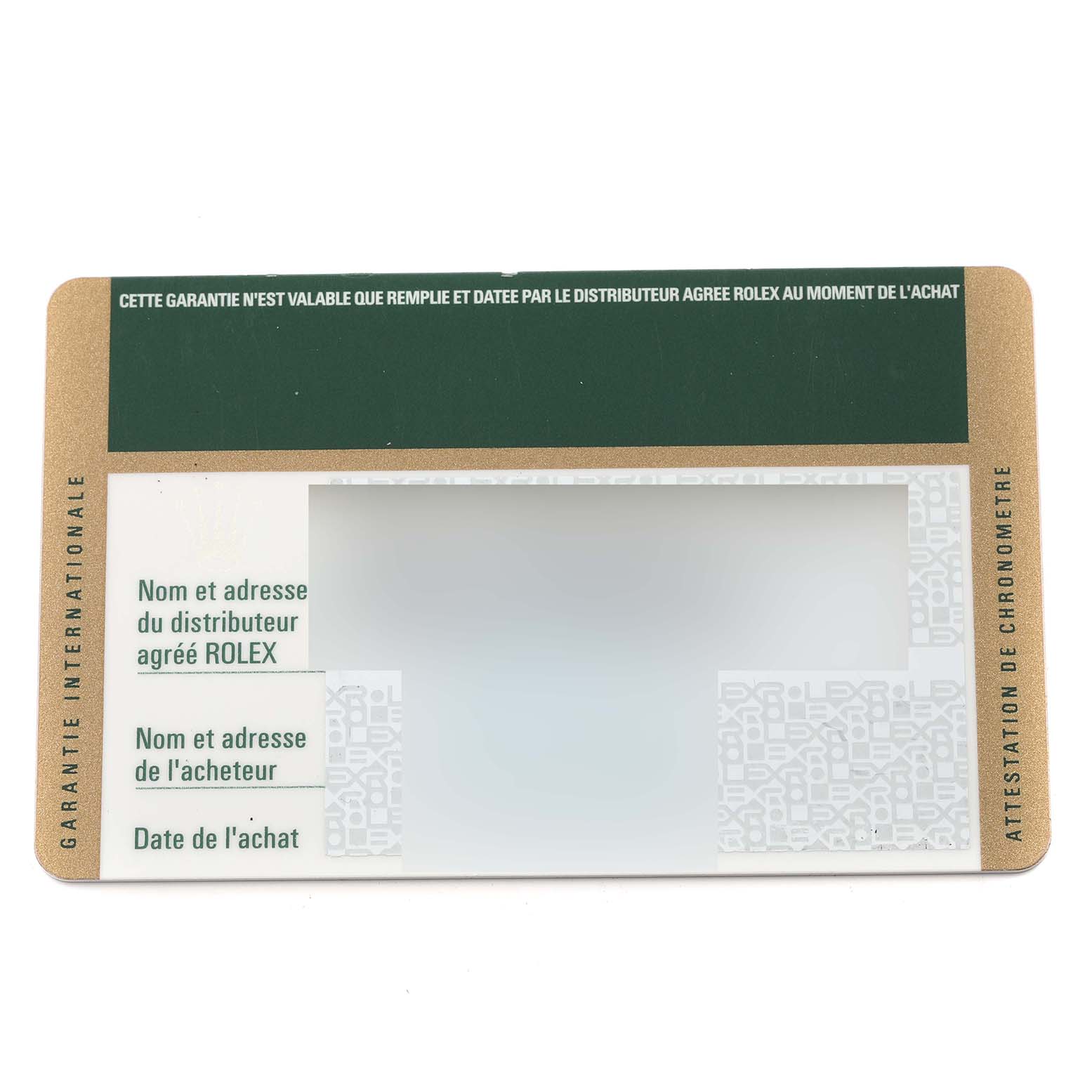 The image shows a warranty card for the Rolex Datejust 116233 Men's Steel and Gold (two tone) Silver Dial 116233 Men's Steel and Gold (two tone) Silver Dial model.