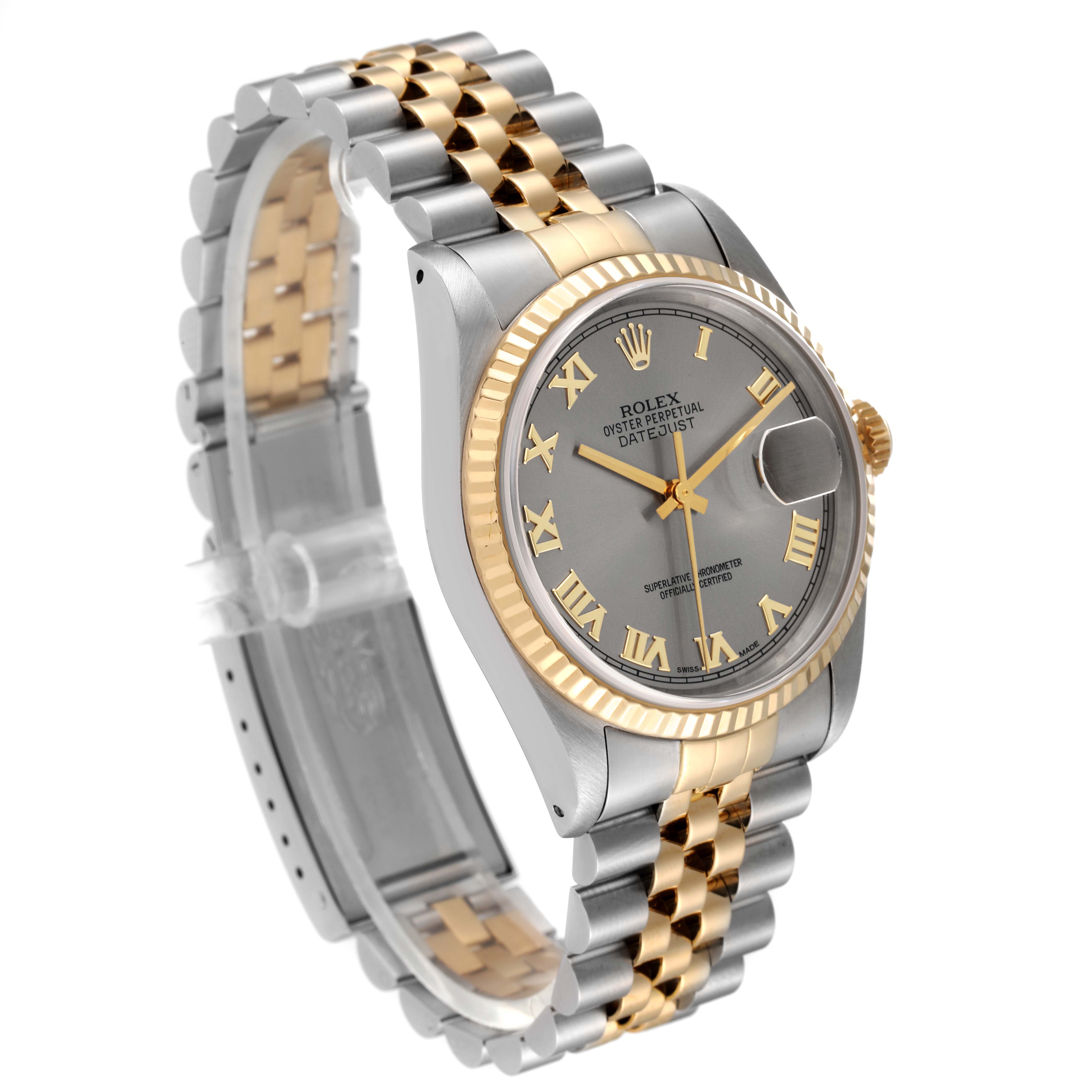 This image shows a Rolex Datejust 16233 Men's Steel and Gold (two tone) Grey Dial 16233 Men's Steel and Gold (two tone) Grey Dial watch at a three-quarter angle, highlighting its two-tone bracelet, fluted bezel, and dial.