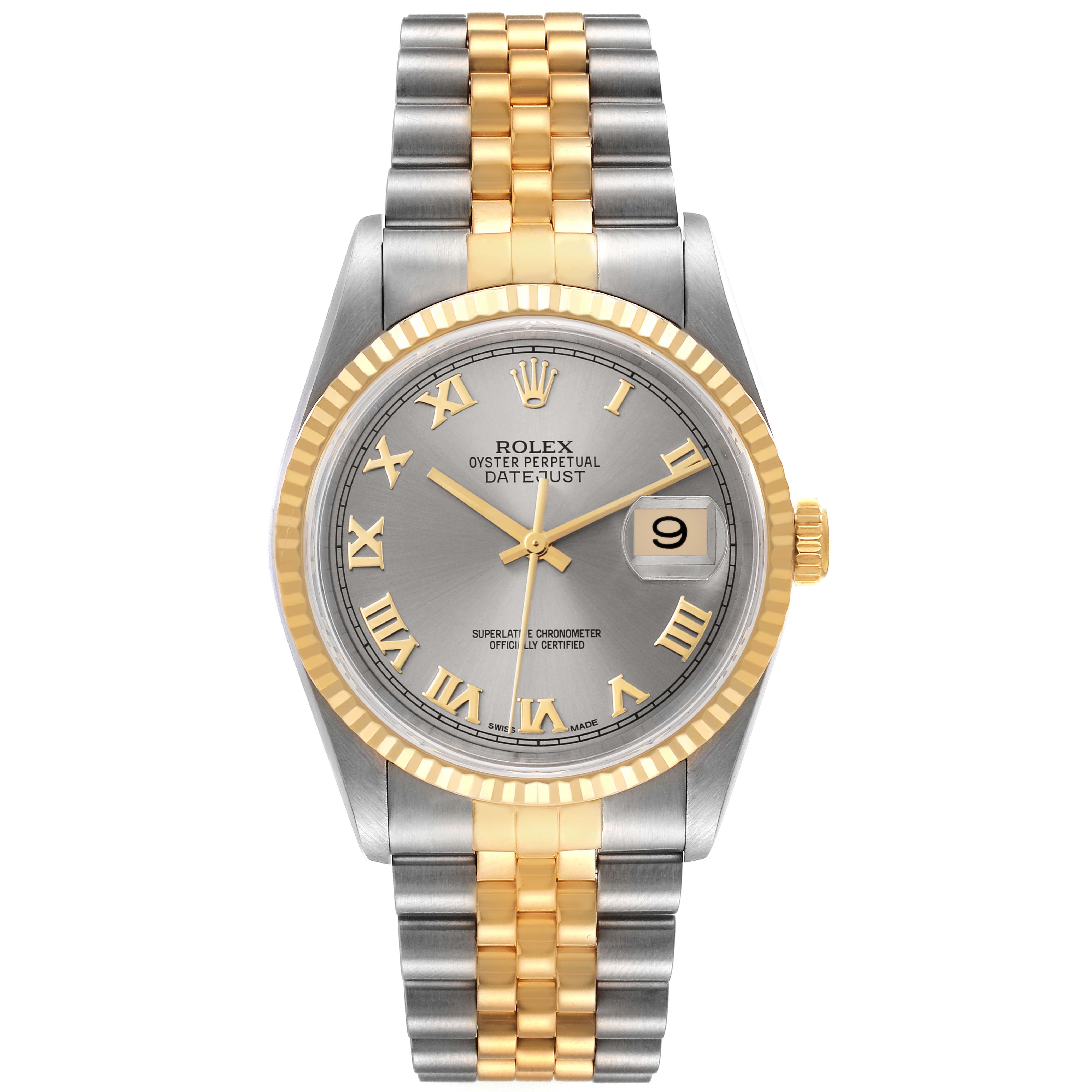 The image shows a front view of a Rolex Datejust 16233 Men's Steel and Gold (two tone) Grey Dial 16233 Men's Steel and Gold (two tone) Grey Dial watch, highlighting the dial, bezel, and two-tone bracelet.
