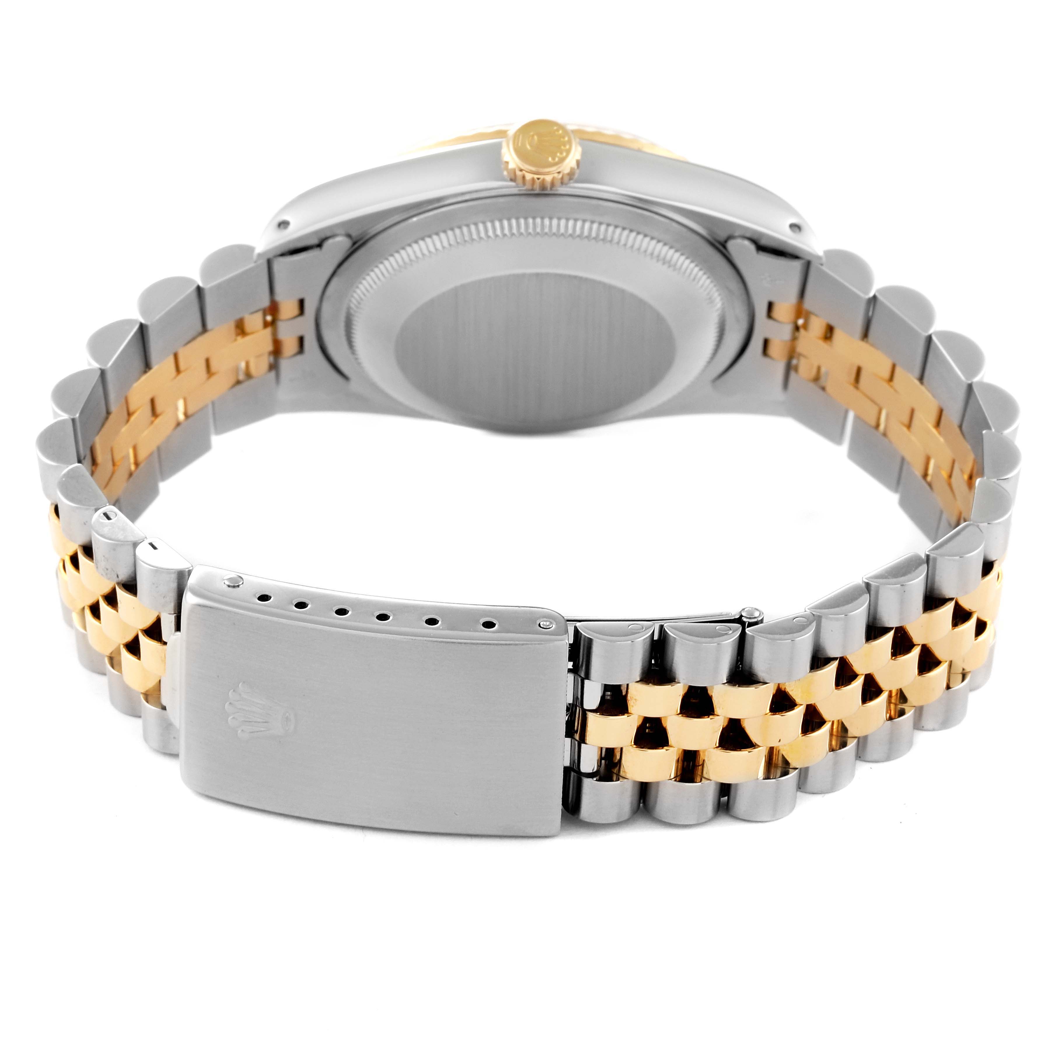 The image shows the back view of a Rolex Datejust 16233 Men's Steel and Gold (two tone) Grey Dial 16233 Men's Steel and Gold (two tone) Grey Dial watch, focusing on the clasp, bracelet, and case back.