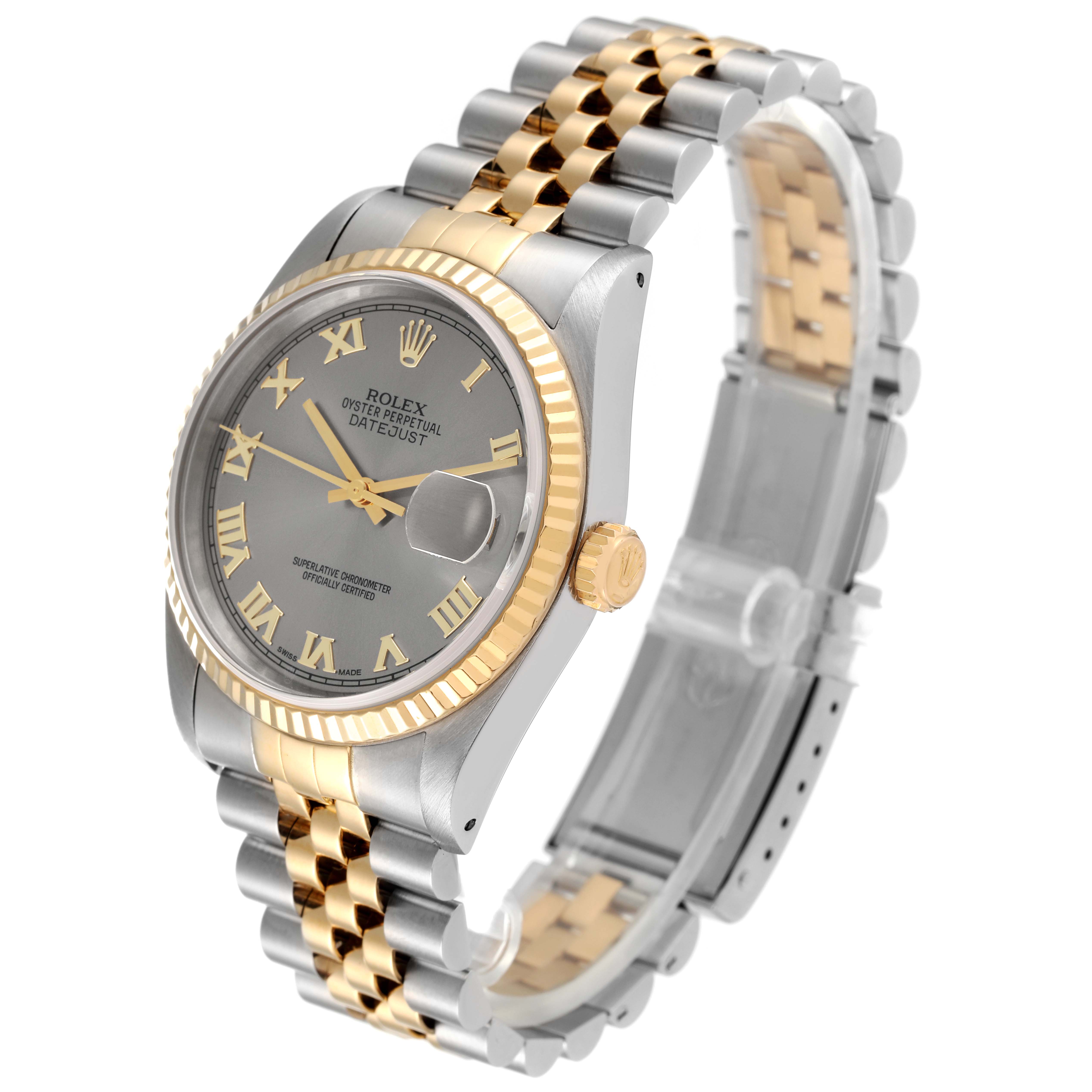 The Rolex Datejust 16233 Men's Steel and Gold (two tone) Grey Dial 16233 Men's Steel and Gold (two tone) Grey Dial watch is shown at a slight angle, displaying its dial, bezel, crown, and Jubilee bracelet.