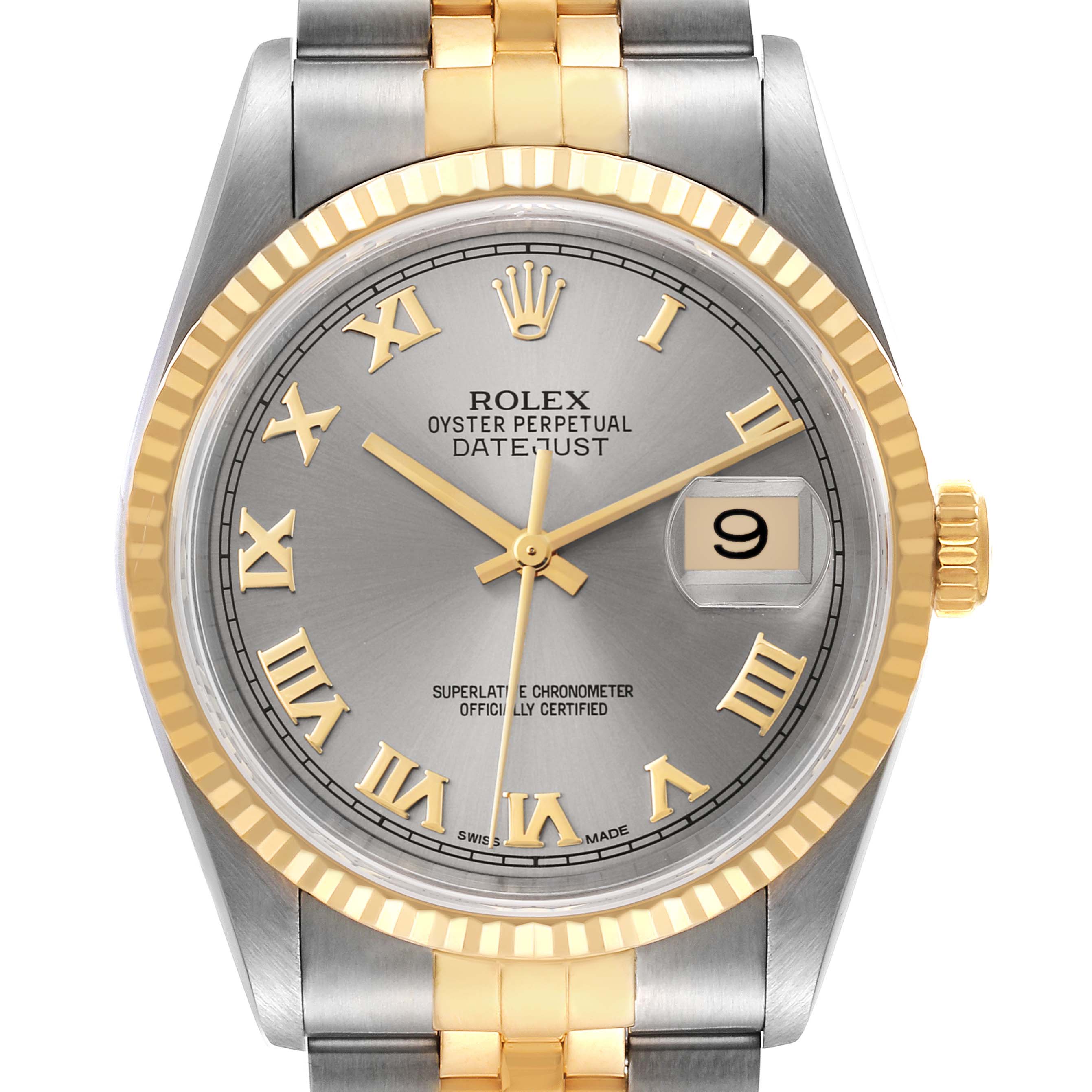 The image shows the front view of a Rolex Datejust 16233 Men's Steel and Gold (two tone) Grey Dial 16233 Men's Steel and Gold (two tone) Grey Dial watch, highlighting its gold Roman numerals, date window, and two-tone bracelet.