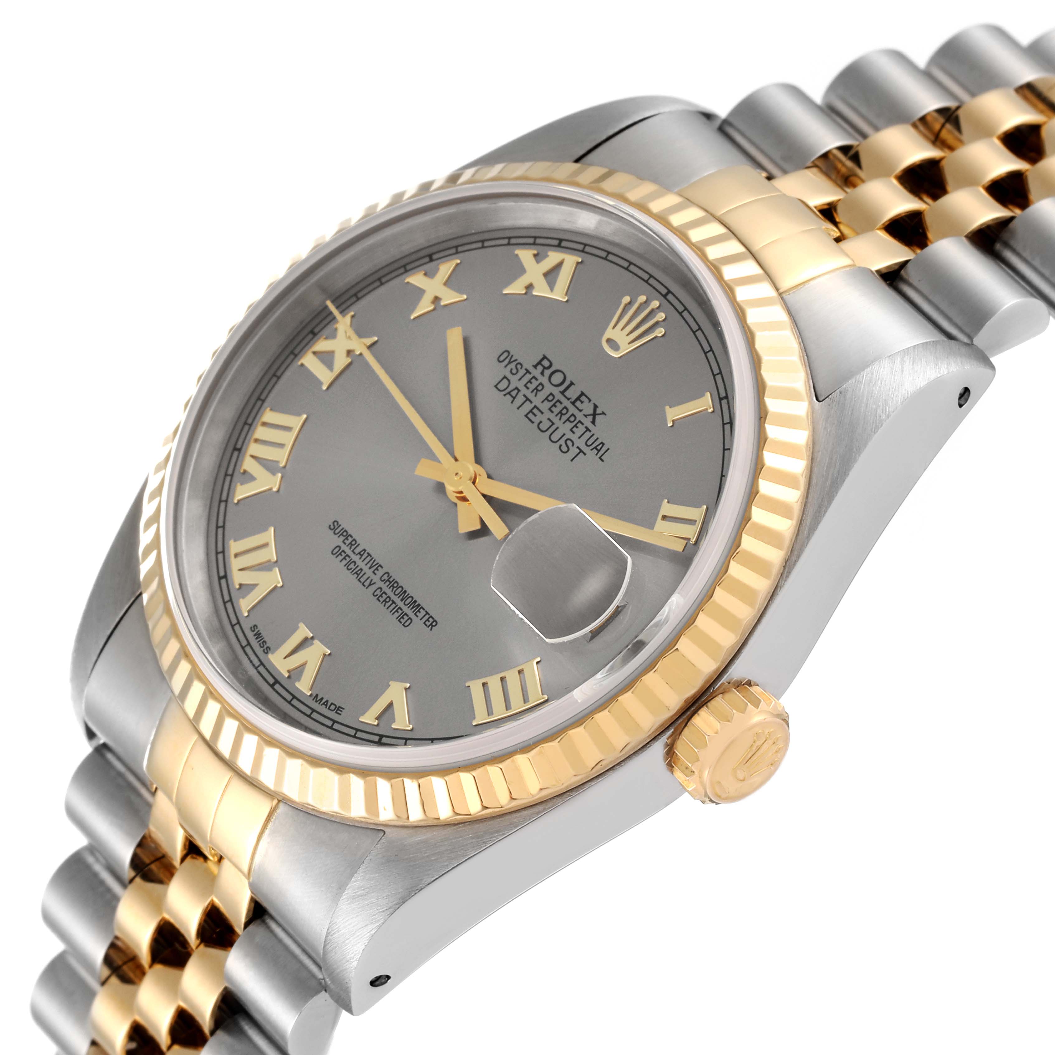 The image shows a Rolex Datejust 16233 Men's Steel and Gold (two tone) Grey Dial 16233 Men's Steel and Gold (two tone) Grey Dial watch from a three-quarter angle, highlighting the dial, bezel, crown, and bracelet.