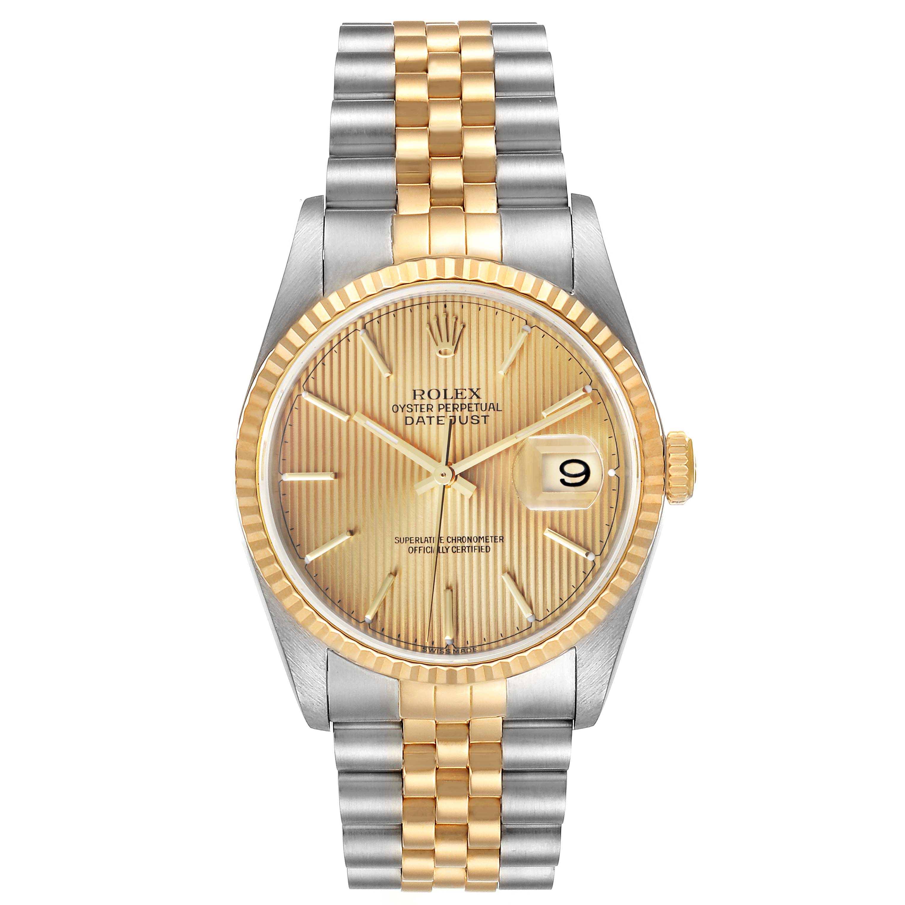 This image shows a front view of a Rolex Datejust 16233 Men's Steel and Gold (two tone) Champagne Dial 16233 Men's Steel and Gold (two tone) Champagne Dial watch, highlighting its dial, bezel, and two-tone bracelet.