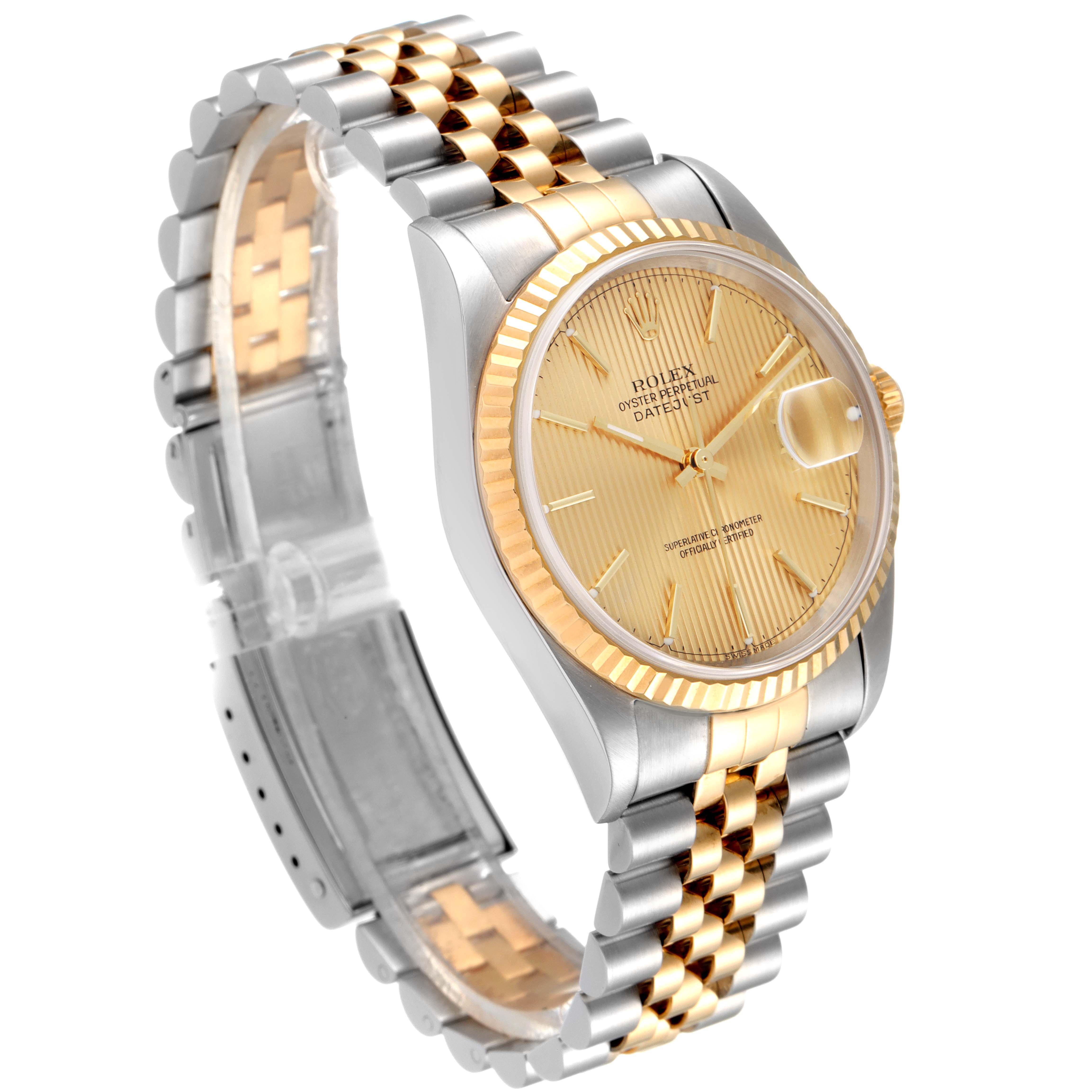 The image shows the Rolex Datejust 16233 Men's Steel and Gold (two tone) Champagne Dial 16233 Men's Steel and Gold (two tone) Champagne Dial watch at a slight angle, displaying the face, bezel, and a portion of the bracelet.