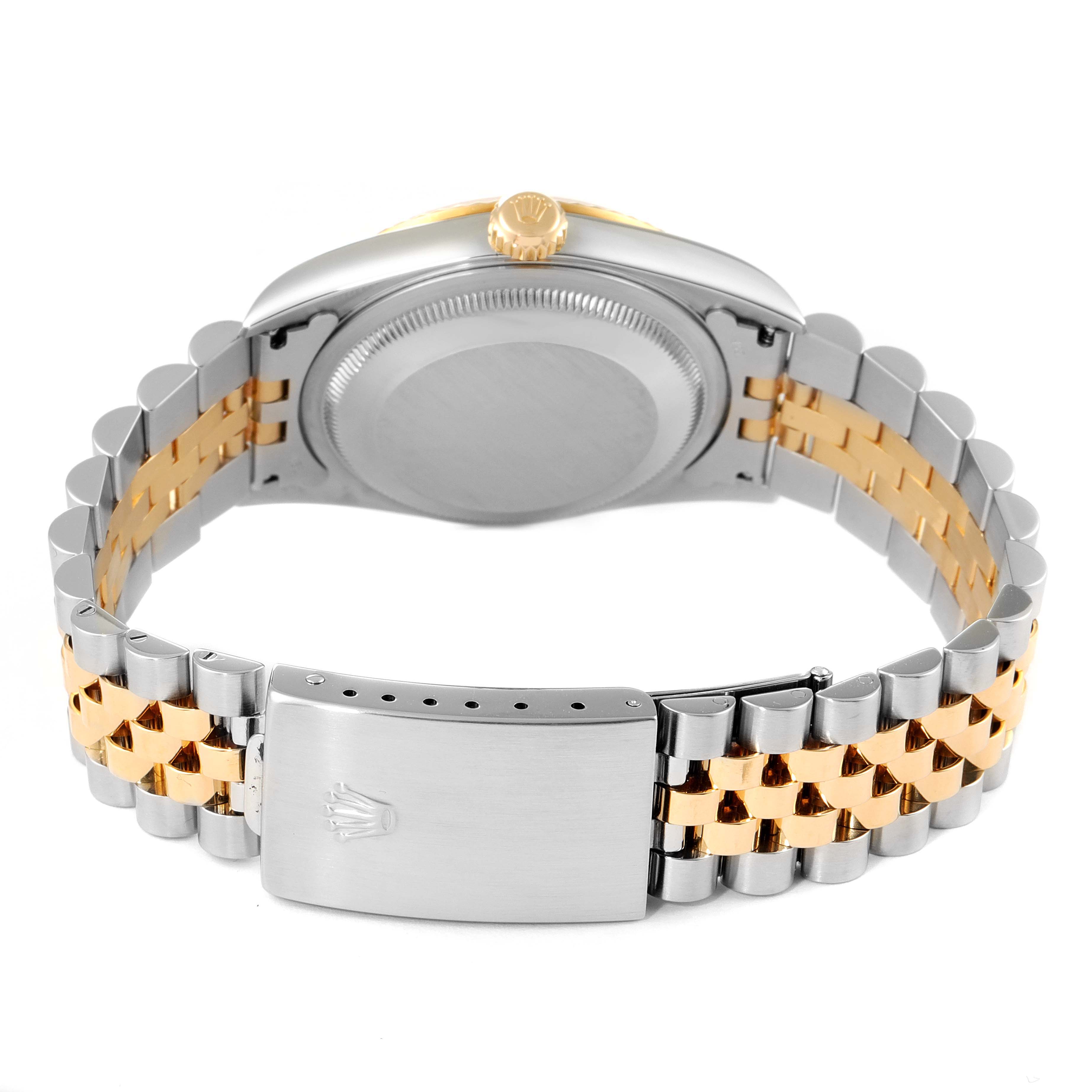 The image shows the back and bracelet of the Rolex Datejust 16233 Men's Steel and Gold (two tone) Champagne Dial 16233 Men's Steel and Gold (two tone) Champagne Dial watch from an angled rear view.