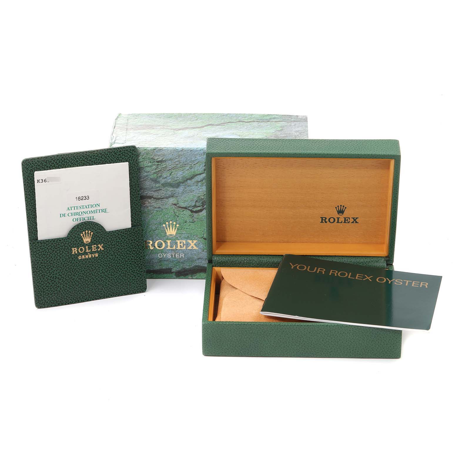 The image shows the box, warranty card, and documents for a Rolex Datejust 16233 Men's Steel and Gold (two tone) Champagne Dial 16233 Men's Steel and Gold (two tone) Champagne Dial model from a front-facing angle.