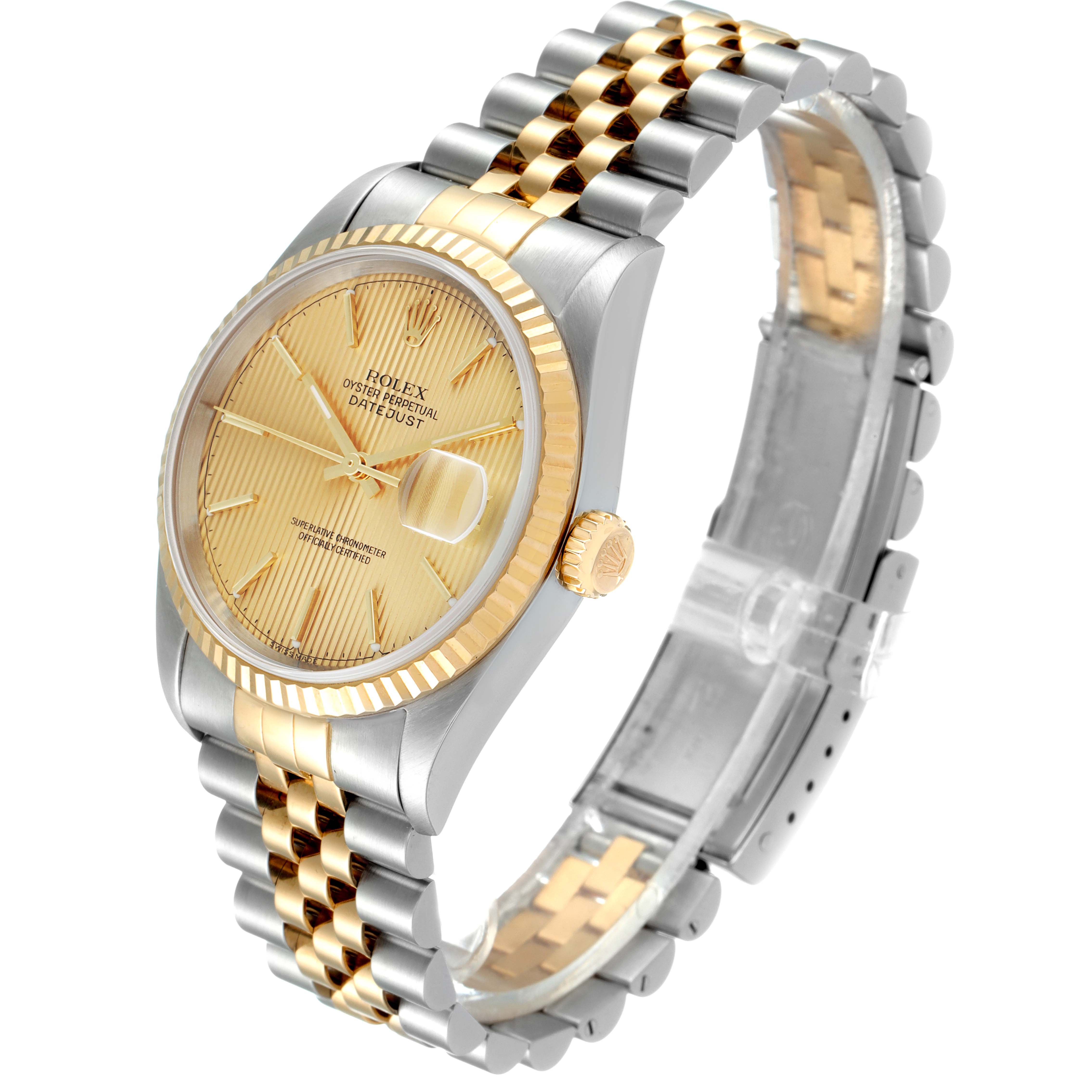 The Rolex Datejust 16233 Men's Steel and Gold (two tone) Champagne Dial 16233 Men's Steel and Gold (two tone) Champagne Dial watch is shown at a three-quarter angle, displaying its golden dial, fluted bezel, crown, and two-tone bracelet.