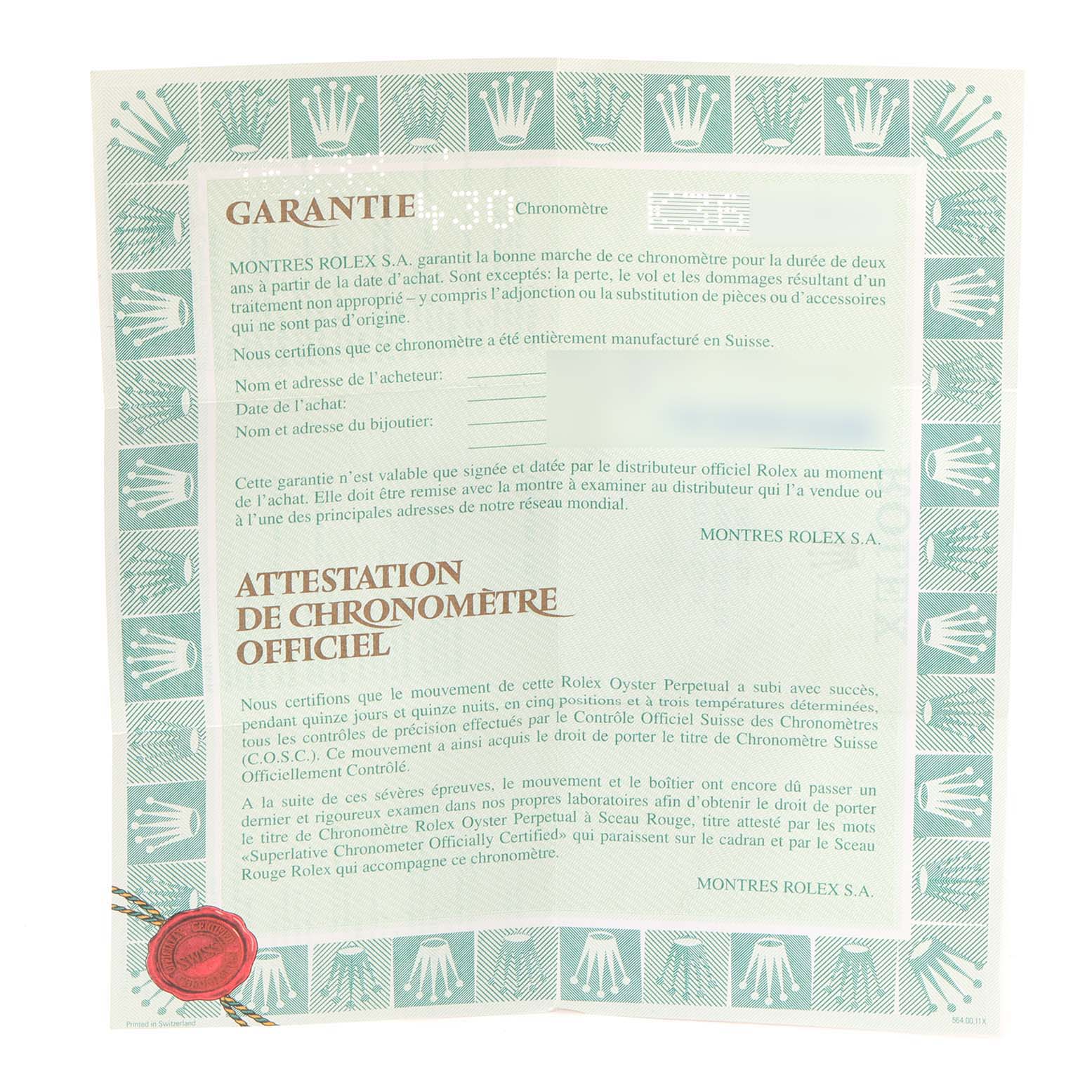 This image shows the guarantee and chronometer certification documents for a Rolex Datejust 16233 Men's Steel and Gold (two tone) Champagne Dial 16233 Men's Steel and Gold (two tone) Champagne Dial watch.