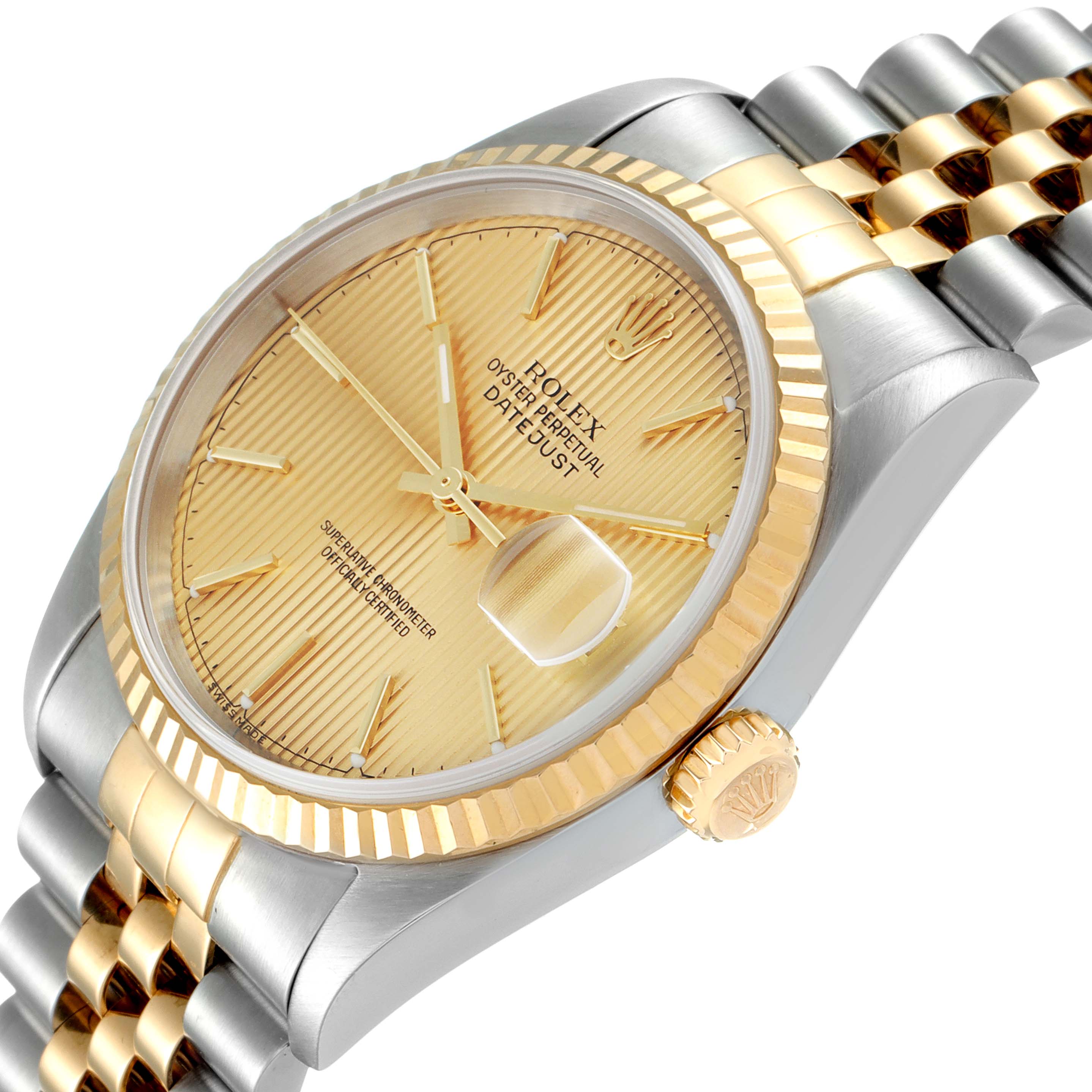 This image shows a close-up angled view of the Rolex Datejust 16233 Men's Steel and Gold (two tone) Champagne Dial 16233 Men's Steel and Gold (two tone) Champagne Dial, highlighting its gold dial, fluted bezel, and Jubilee bracelet.