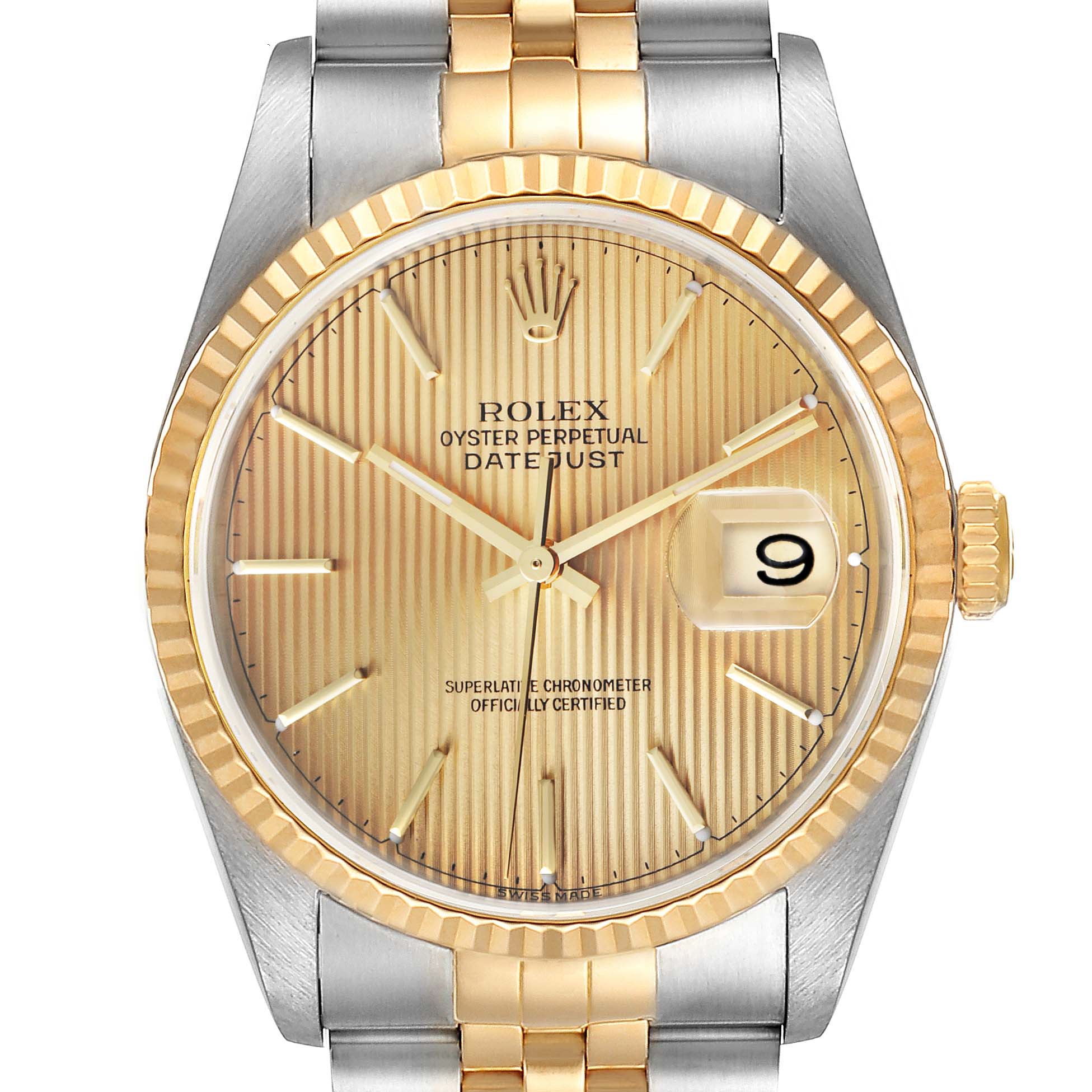 This Rolex Datejust 16233 Men's Steel and Gold (two tone) Champagne Dial 16233 Men's Steel and Gold (two tone) Champagne Dial model watch is shown from the front, highlighting the dial, hands, bezel, crown, and partial bracelet.