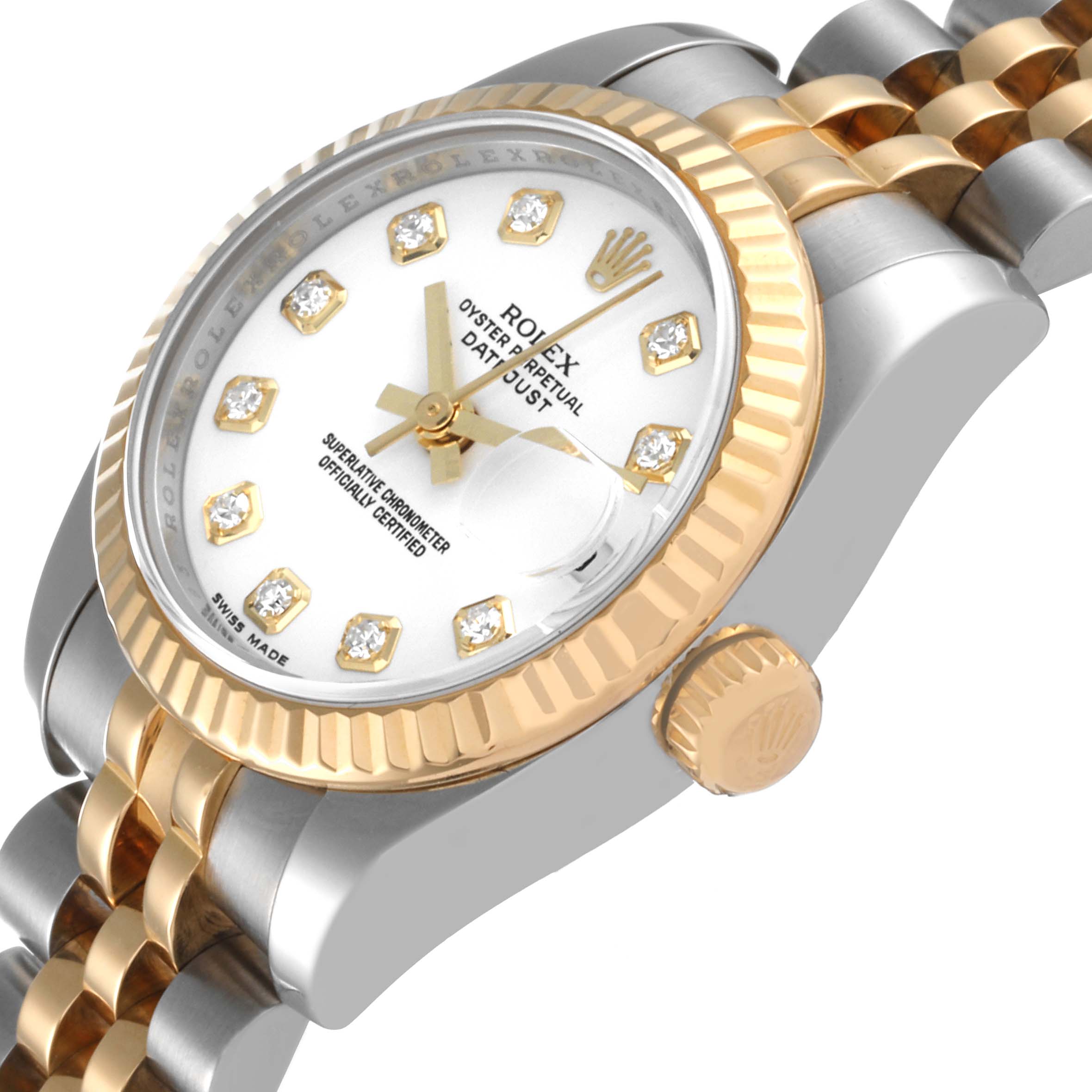 This image shows a close-up angle of a Rolex Datejust 179173 Women's Steel and Gold (two tone) White Dial 179173 Women's Steel and Gold (two tone) White Dial watch, highlighting the crown, dial, and part of the bracelet.