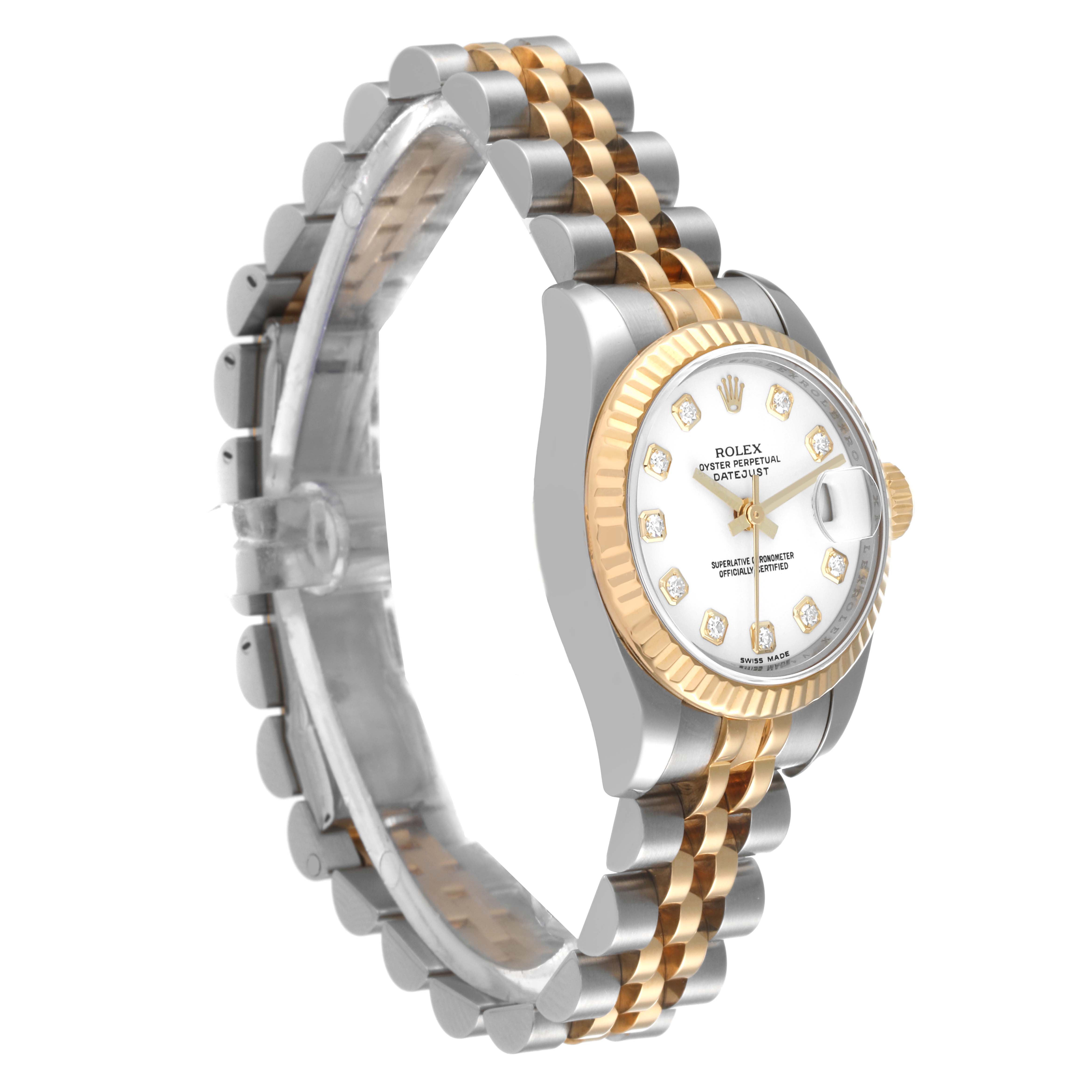 The image shows a side angle of a Rolex Datejust 179173 Women's Steel and Gold (two tone) White Dial 179173 Women's Steel and Gold (two tone) White Dial watch, highlighting its dial, bezel, and jubilee bracelet.