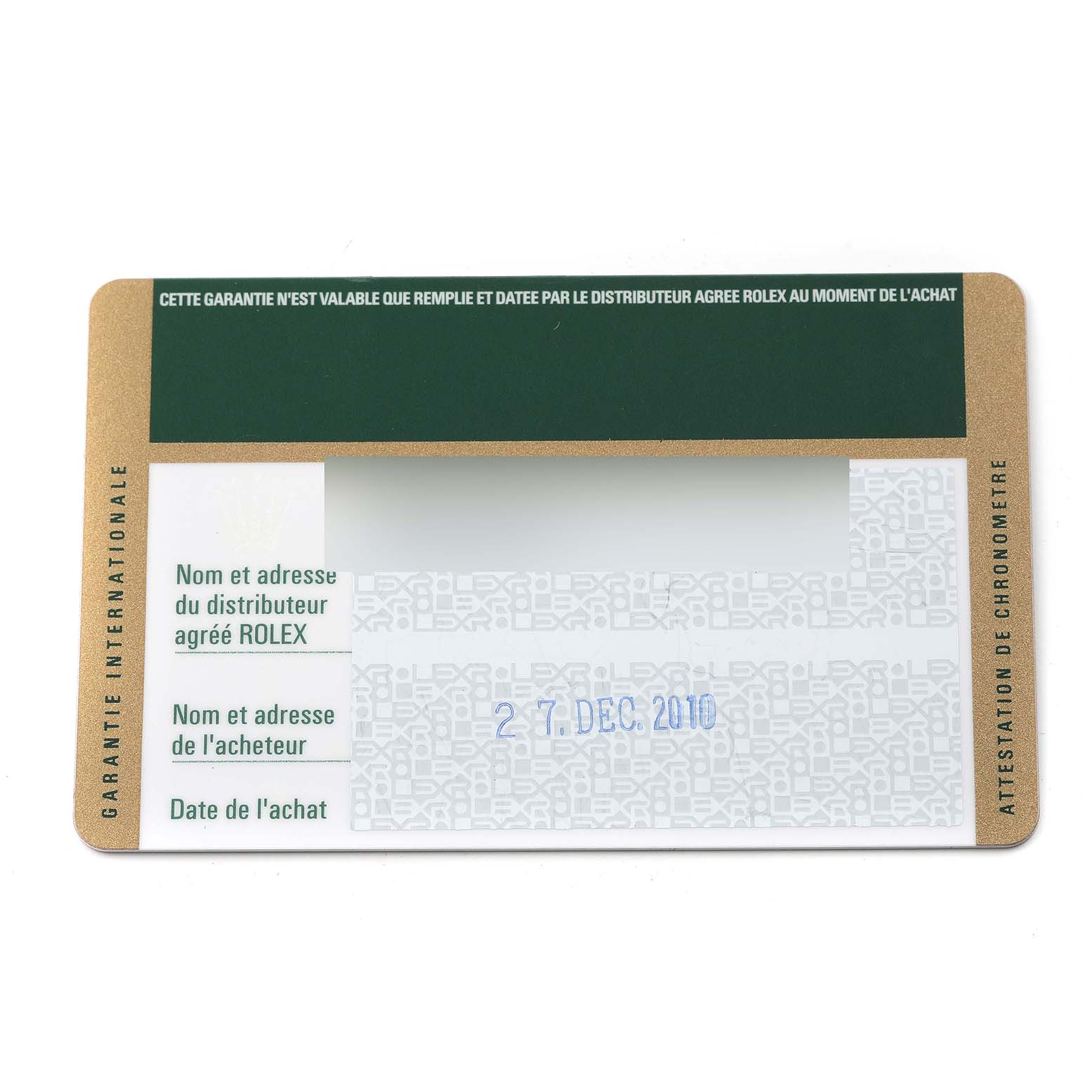 The image shows an international guarantee card for a Rolex Datejust 179173 Women's Steel and Gold (two tone) White Dial 179173 Women's Steel and Gold (two tone) White Dial watch, dated December 27, 2016.