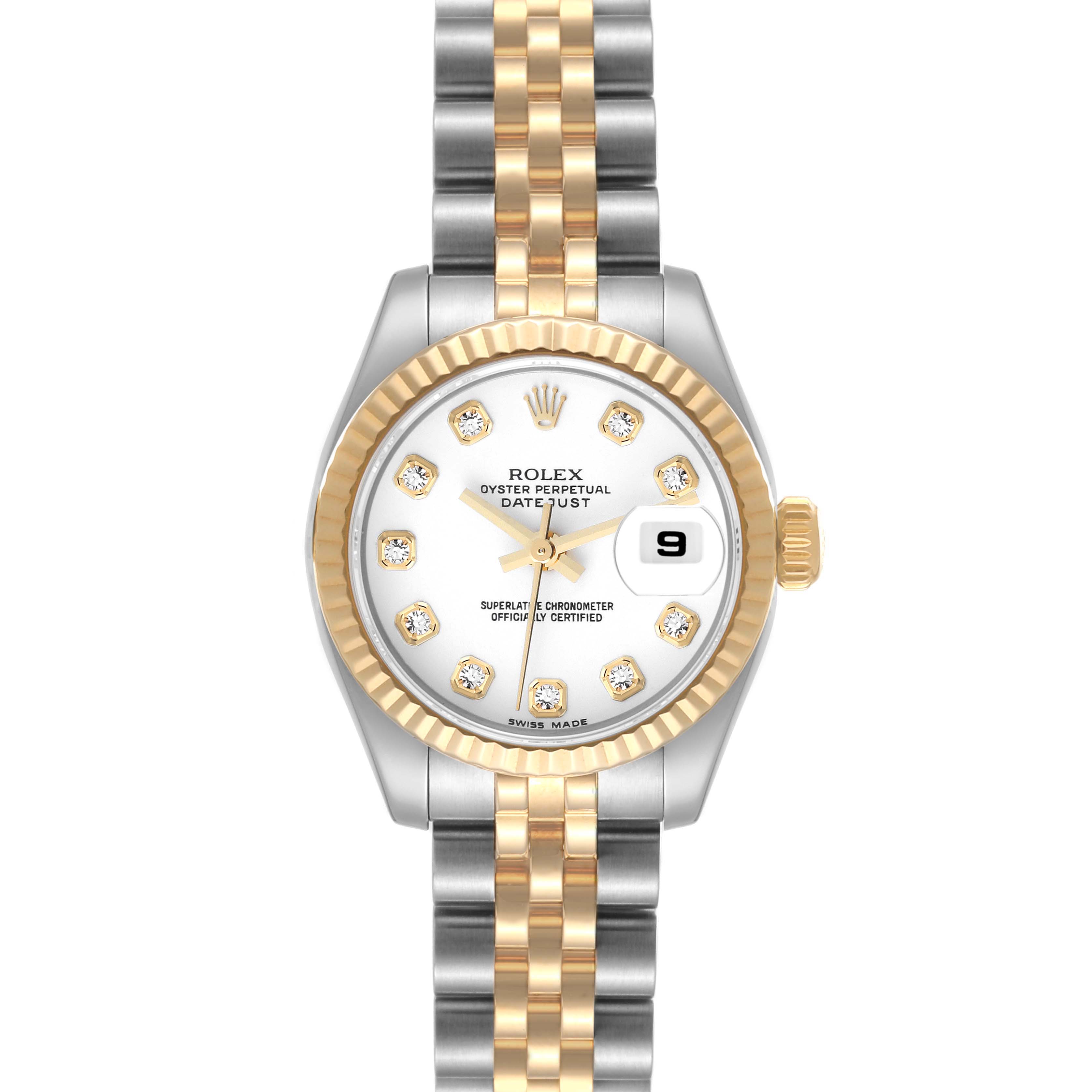The image shows a front view of a Rolex Datejust 179173 Women's Steel and Gold (two tone) White Dial 179173 Women's Steel and Gold (two tone) White Dial watch, highlighting its dial, bezel, and bracelet.